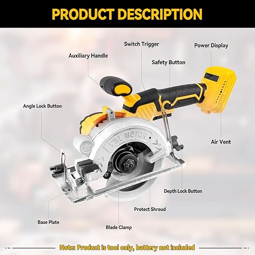 Miniatura 8 de JOJOCY Sierra circular inalámbrica sin escobillas de 5 pulgadas, 6200 RPM, 2 cuchillas de madera, 1 guante de hoja de azulejos, solo herramienta