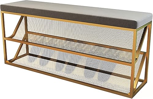 Miniatura 11 de Banco otomano de almacenamiento para pies en el extremo de la cama, banco de zapatos de entrada con cómodo cojín, 3 niveles, de malla metálica,