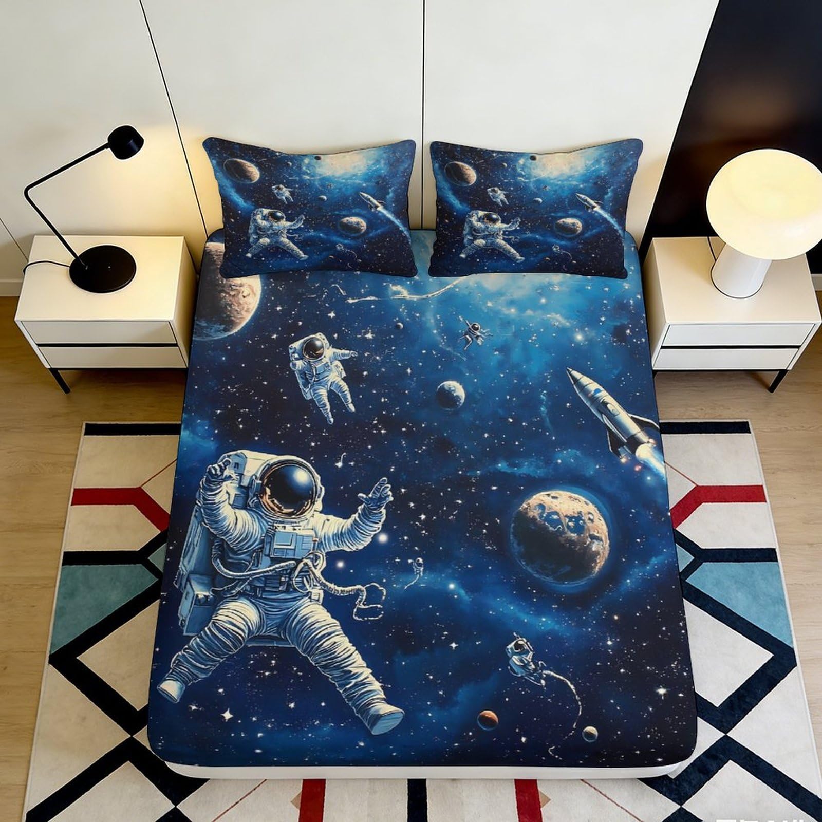3D Printed Astronaut Galaxy Fitted Sheet Microfiber Soft Blue Space Nebula Mattress Cover for Bedroom Dorm Mattress Decor 90x200x25cm