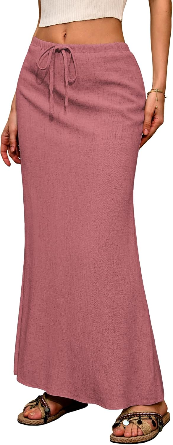 ELLEVEN Linen Flared Maxi Skirt with Back Slit - Elastic Waist Drawstring Long Flowy Ankle-Length Skirt