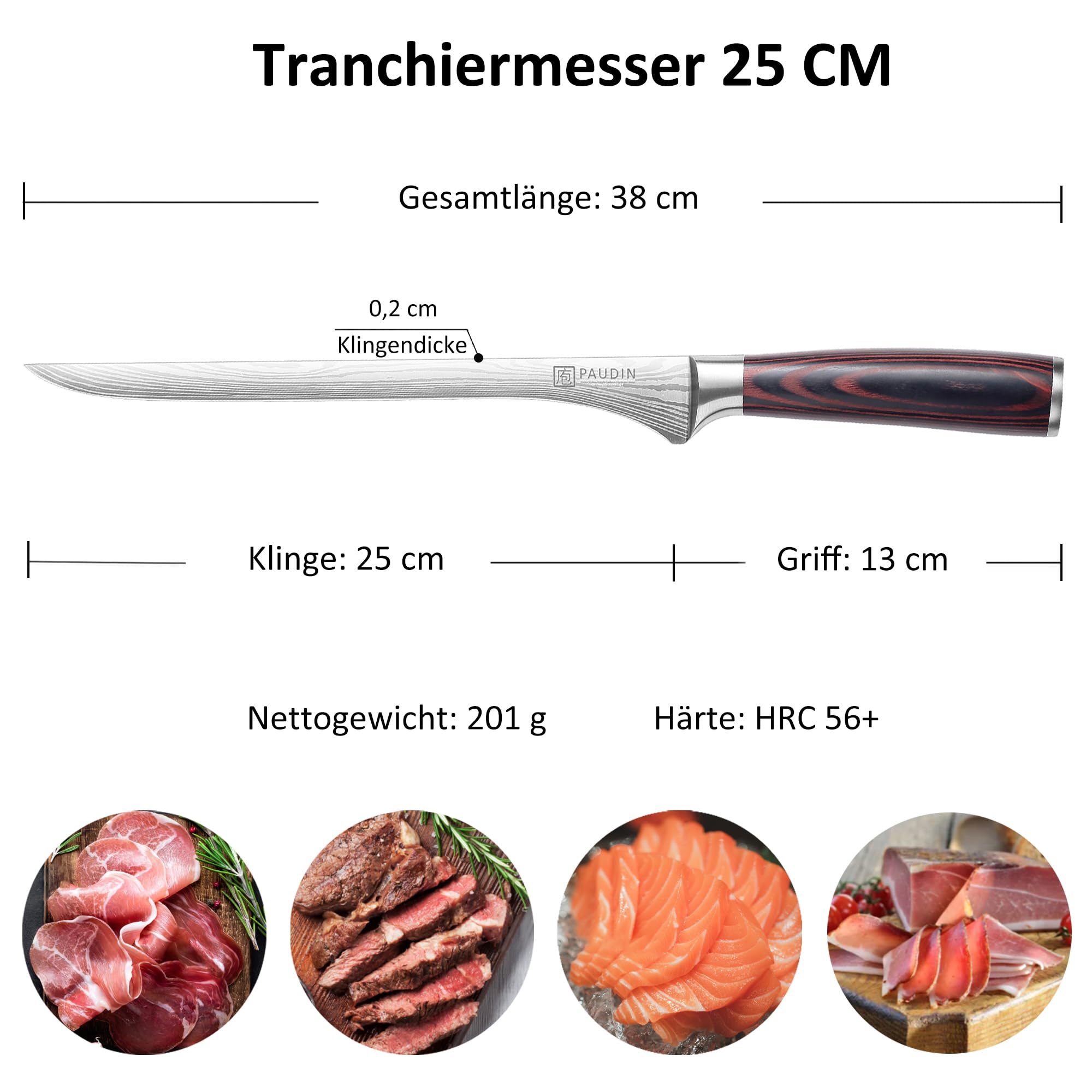 PAUDIN Coltello da prosciutto 25 cm, coltello da cucina professionale in acciaio inox tedesco 1.4116 - lama di precisione per fette sottilissime, con impugnatura ergonomica in legno