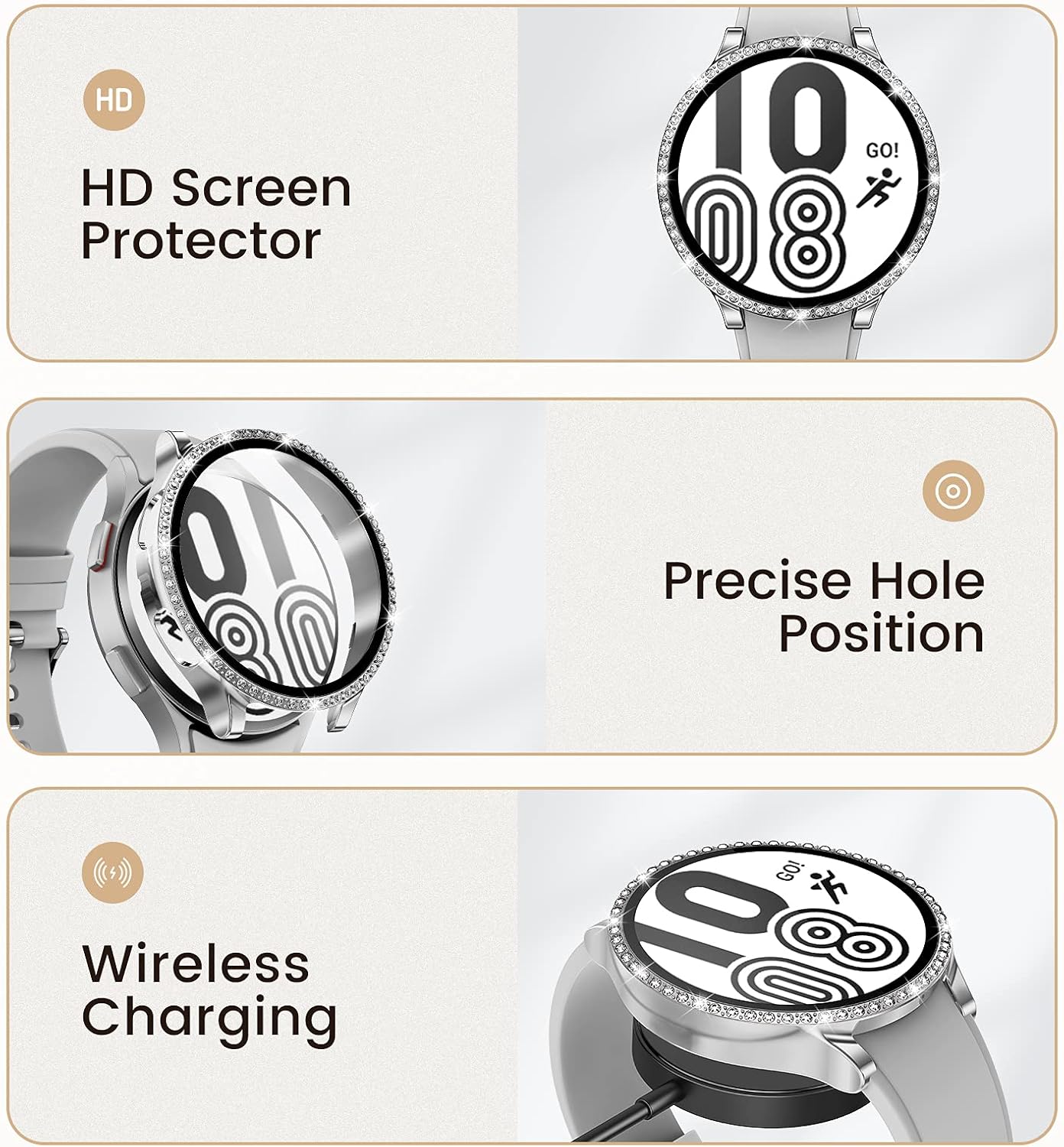 Goton Compatible for Samsung Galaxy Watch 4 Screen Protector Case 44mm 2021, Bling Crystal Diamonds Protective Bumper Cover with Tempered Glass Film Accessories for Women Girl (Silver, 44mm)