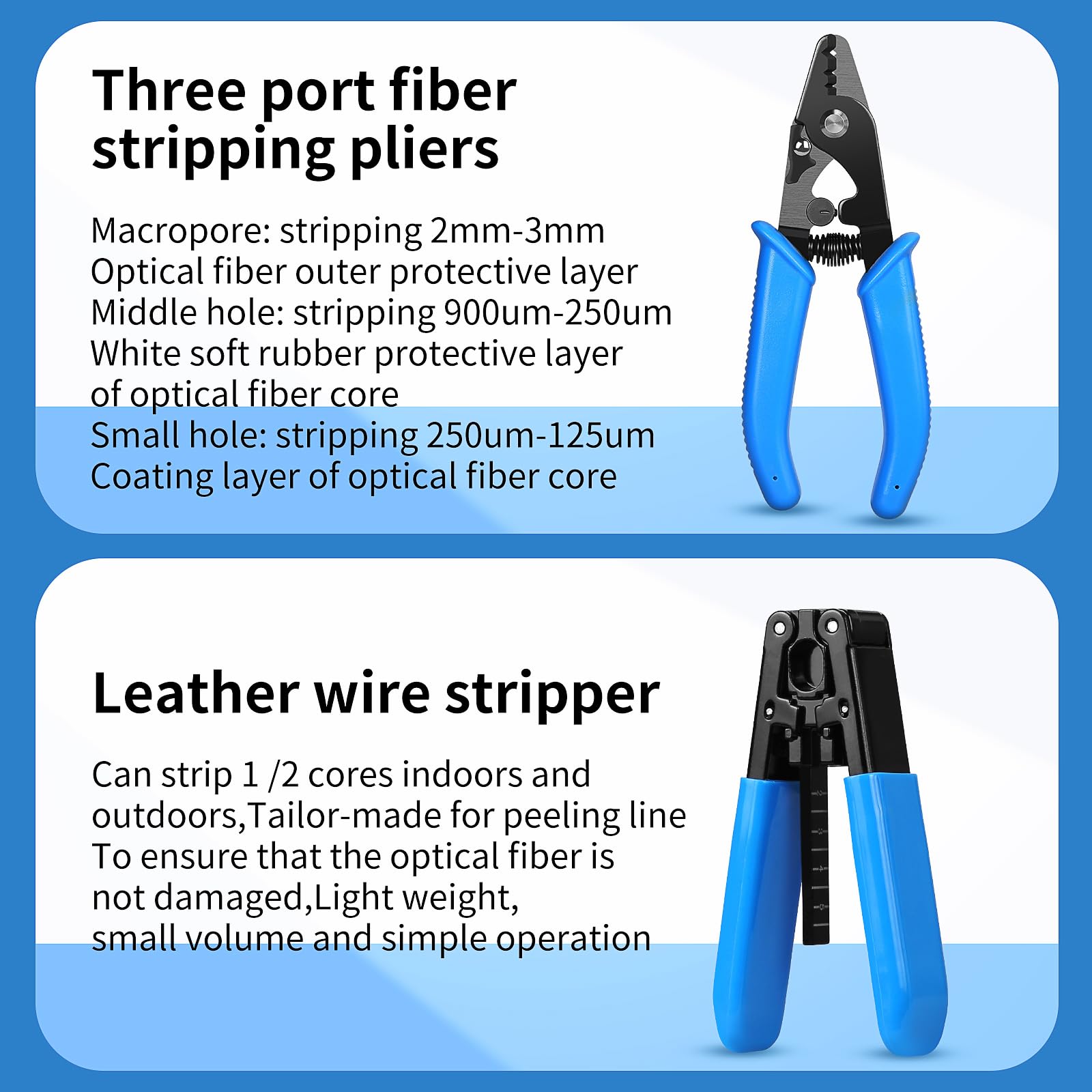 FTTH - Kit de terminales de fibra para soldadura en frío y caliente S-08 con carga azul A-C710A medidor de potencia óptica -70~+10dbm equipado con kit de herramientas de fibra óptica recargable