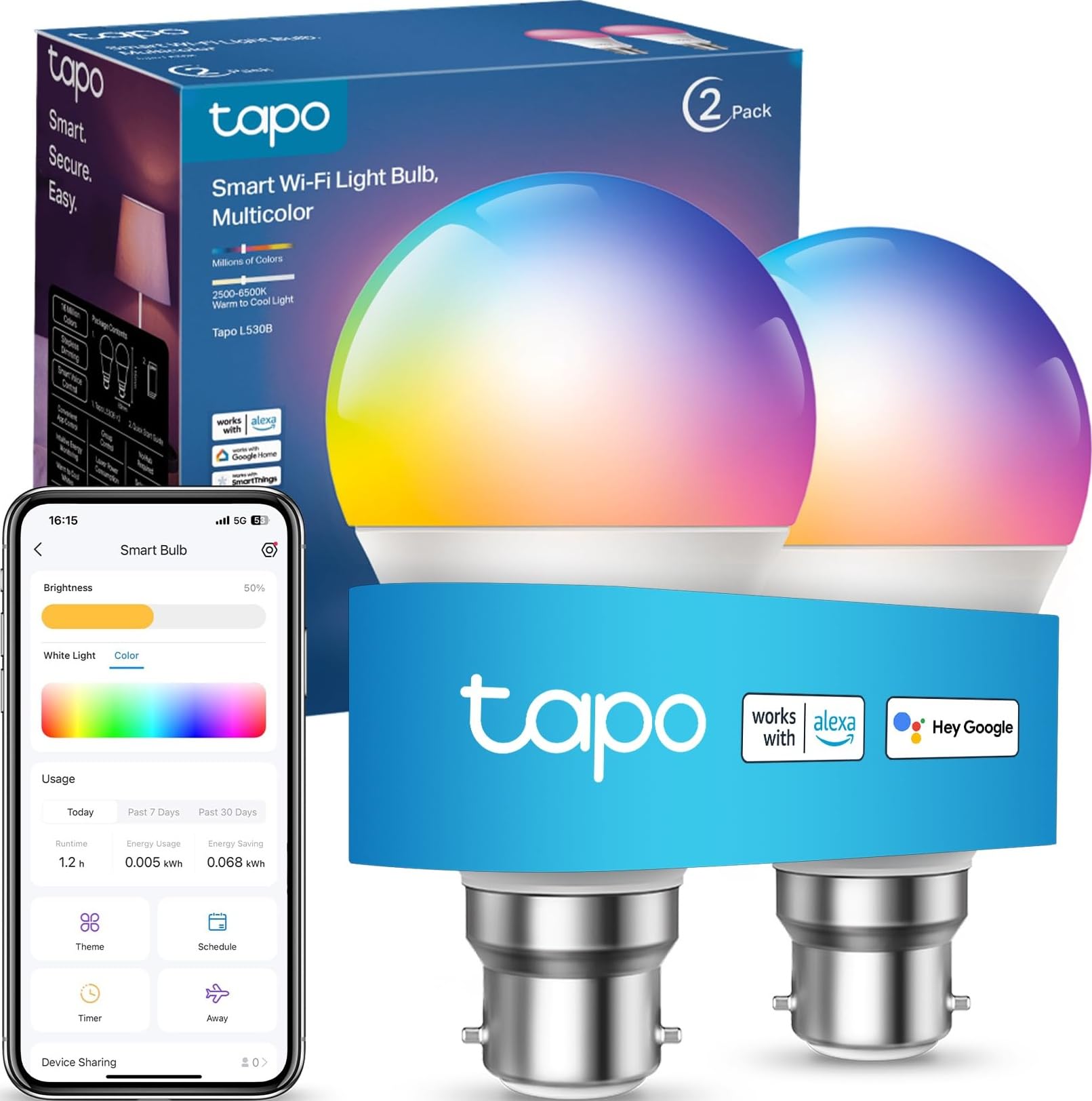Tapo L530B(2-Pack) B22 Smart Bulb Multicolour Dimmable LED Light Bulb 806 Lumens 60W