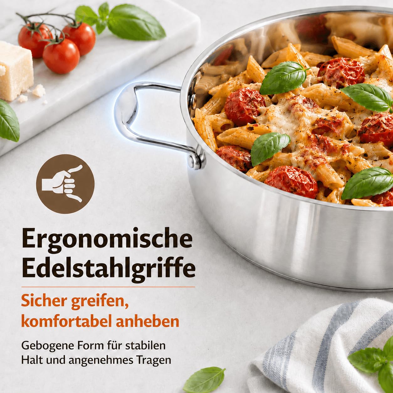 DELARLO Schmorpfanne 28cm Hoher Rand 5,6 L, Edelstahl Servierpfanne | 7mm 3‑lagiger Boden, Unbeschichtet, PFOA Frei, PFAS Frei, PTFE Frei, Geeignet für alle Herdarten, Ergonomischer Griff