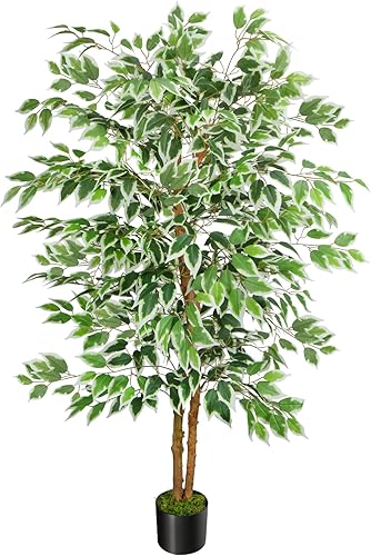 GTIDEA Árbol de ficus artificial de 5 pies, árbol falso alto con tronco natural, árboles de imitación de seda para interiores, árboles artificiales