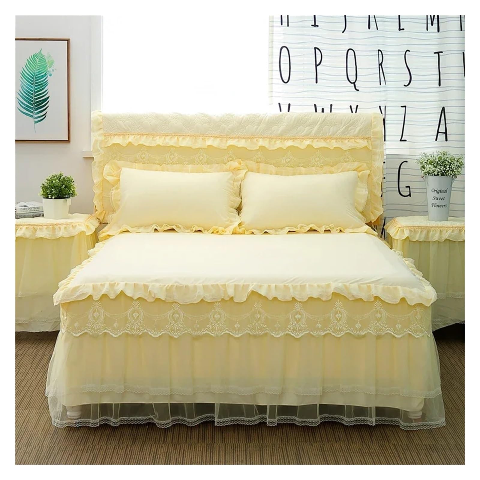 3 Pcs Bedding Set Princess Lace Bed Skirts Bedspreads Queen King Size Cute Bed Sheet for Girl Bed Cover Home Textiles(Beige,180x220cm 3pcs)