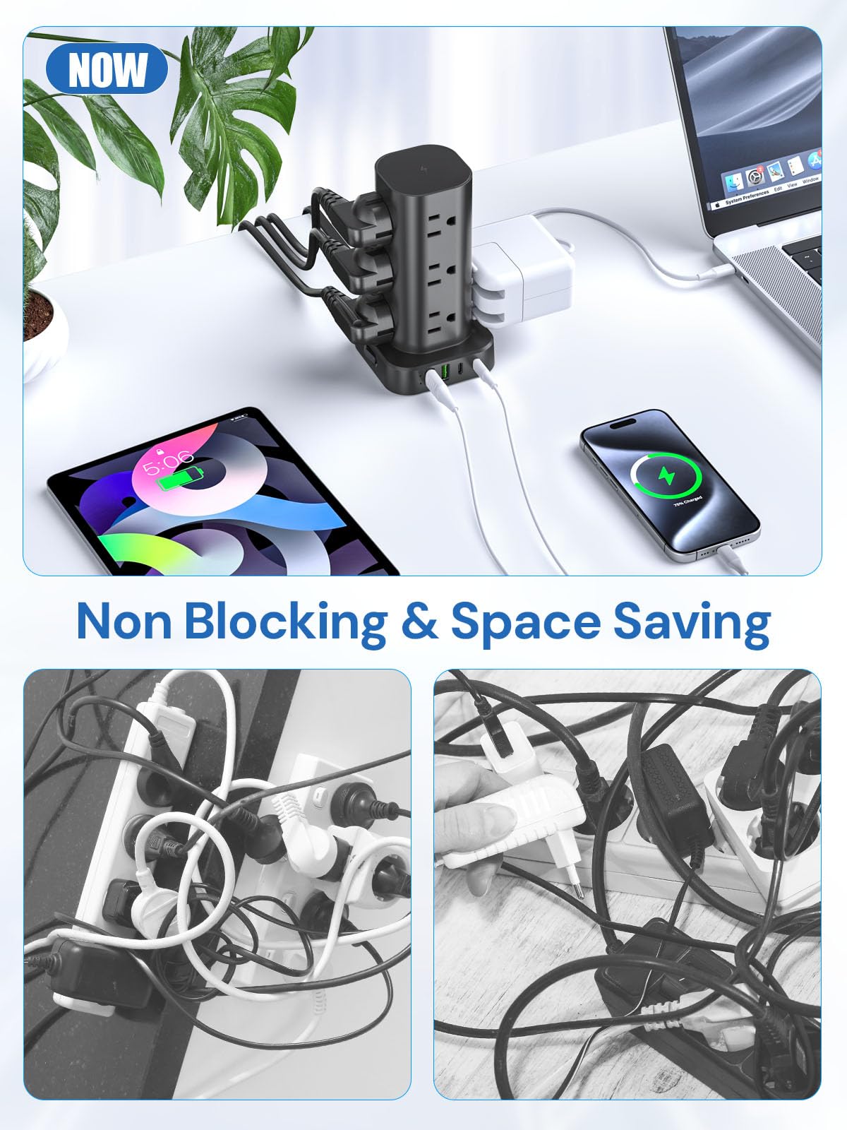 Tira de alimentación de torre con protector de sobretensión, 12 salidas de CA y 4 puertos USB (2 USB-C), cable de extensión de 6 pies, torre de estación de carga para hogar, oficina, recámara, viaje