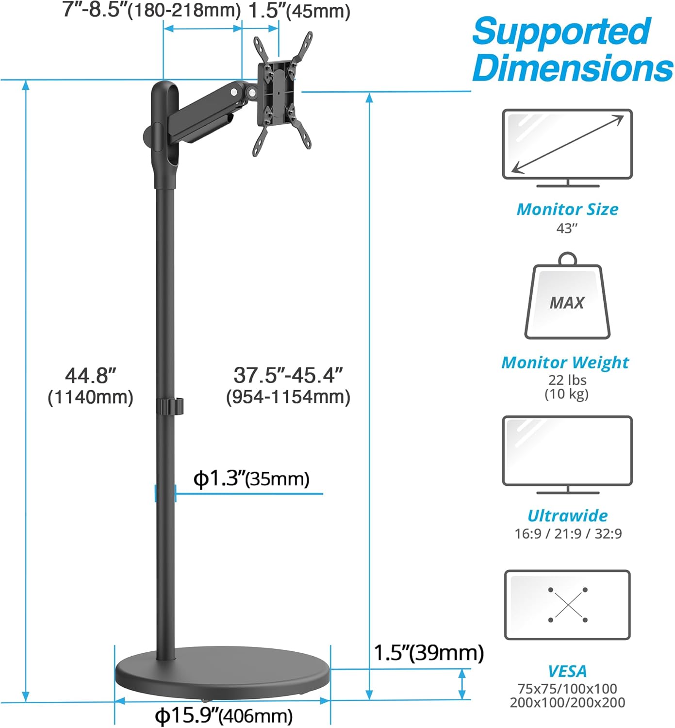 AVLT Single 17 to 43 Inch Portable Monitor Arm TV Rolling Stand with Heavy Base for Screens Up to 22 lbs, Mechanical Spring Height Adjustment, Screen Rotation, Mobile Low Profile Caster Wheel, Black