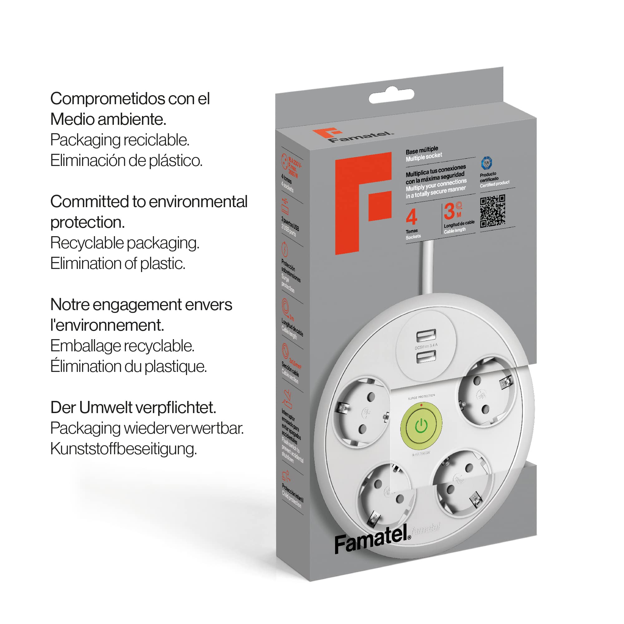 FAMATEL – Multipresa rotonda a 4 prese + 2 prese USB + interruttore | cavo da 3 m | con TT | 16 A | 250 V | Bianco | Spina USB di Ricarica Rapida | Protezione Sovratensioni