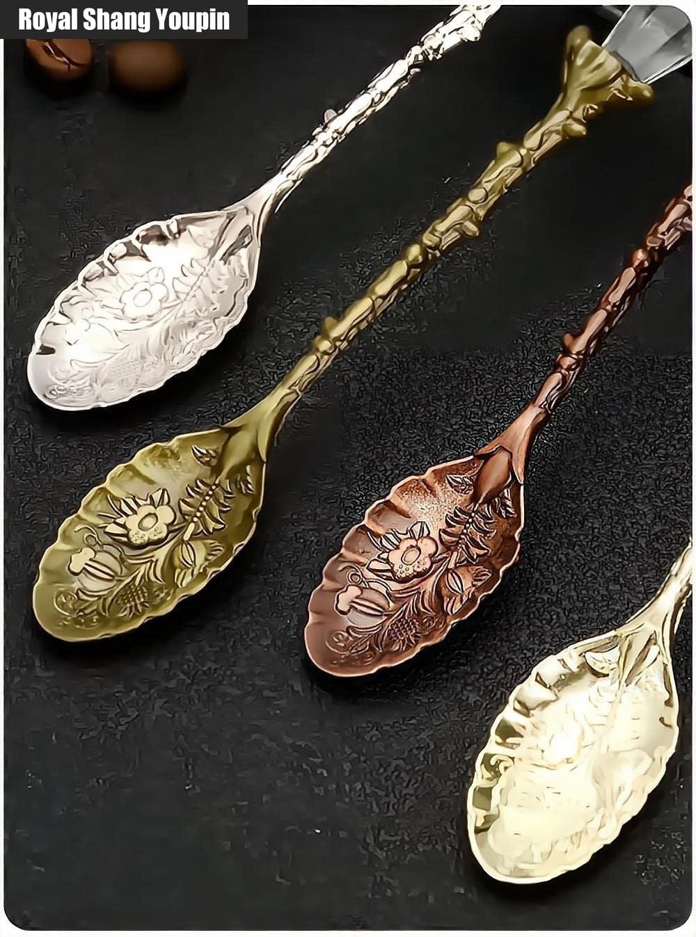 5 Piece Retro Carved Crystal Head Pattern Zinc Alloy Leaf Spoon Creative Mug Dessert Coffee Ice Cream Fruit Teaspoon Set (Silver)