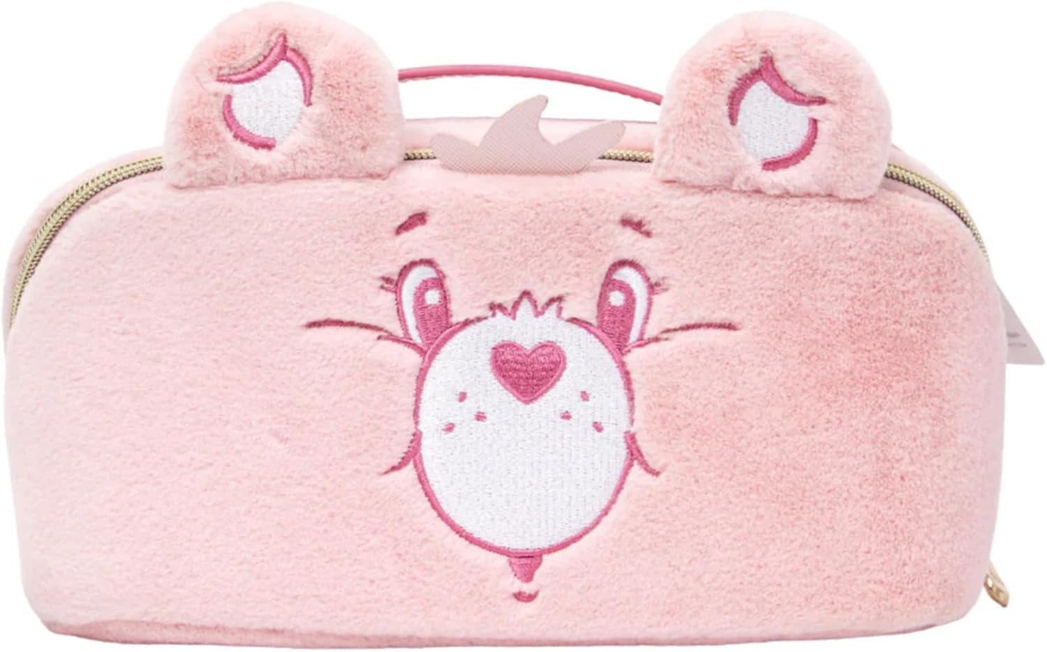 Impressions Vanity Care Bears Cheer Bear Unfold Travel Makeup Bag Organizer, Opens Flat Zippered Cosmetic Bag with Cozy Teddy Fur, Artwork Lined Interior, 3 Inner Pockets, and Top Handle in Rainbow