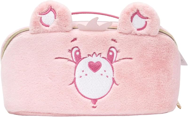 Impressions Vanity Care Bears Cheer Bear Unfold Travel Makeup Bag Organizer, Opens Flat Zippered Cosmetic Bag with Cozy Teddy Fur, Artwork Lined Interior, 3 Inner Pockets, and Top Handle in Rainbow