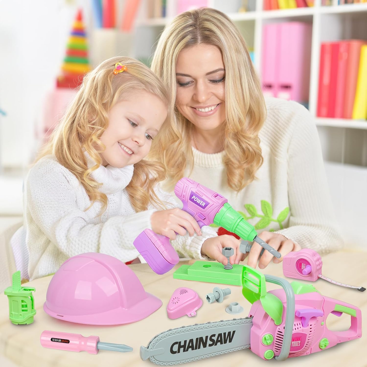 Kids Tool Set with Electric Toy Drill, Toy Chainsaw, Construction Tools & Safety Vest, Pretend Play Pink Tools Kit for Boys and Girls Ages 3+