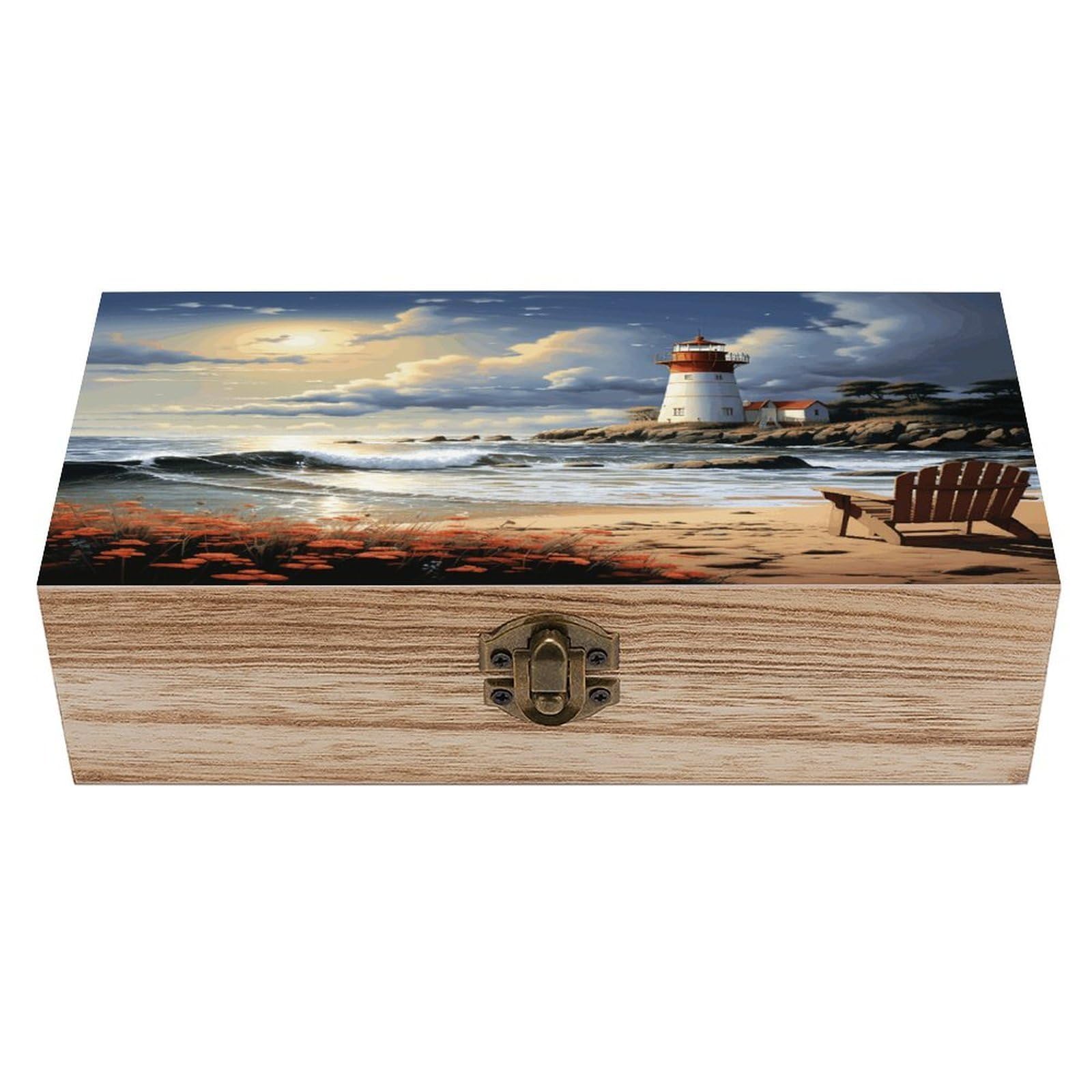 FekiLoot Natural Wooden Keepsake Box with Hinged Lid, 8x4 Inch Sea Lighthouse Sandbeach Memory Box, Wood Jewelry Organizer & Trinket Holder, Gift for Men Women Anniversary Wedding