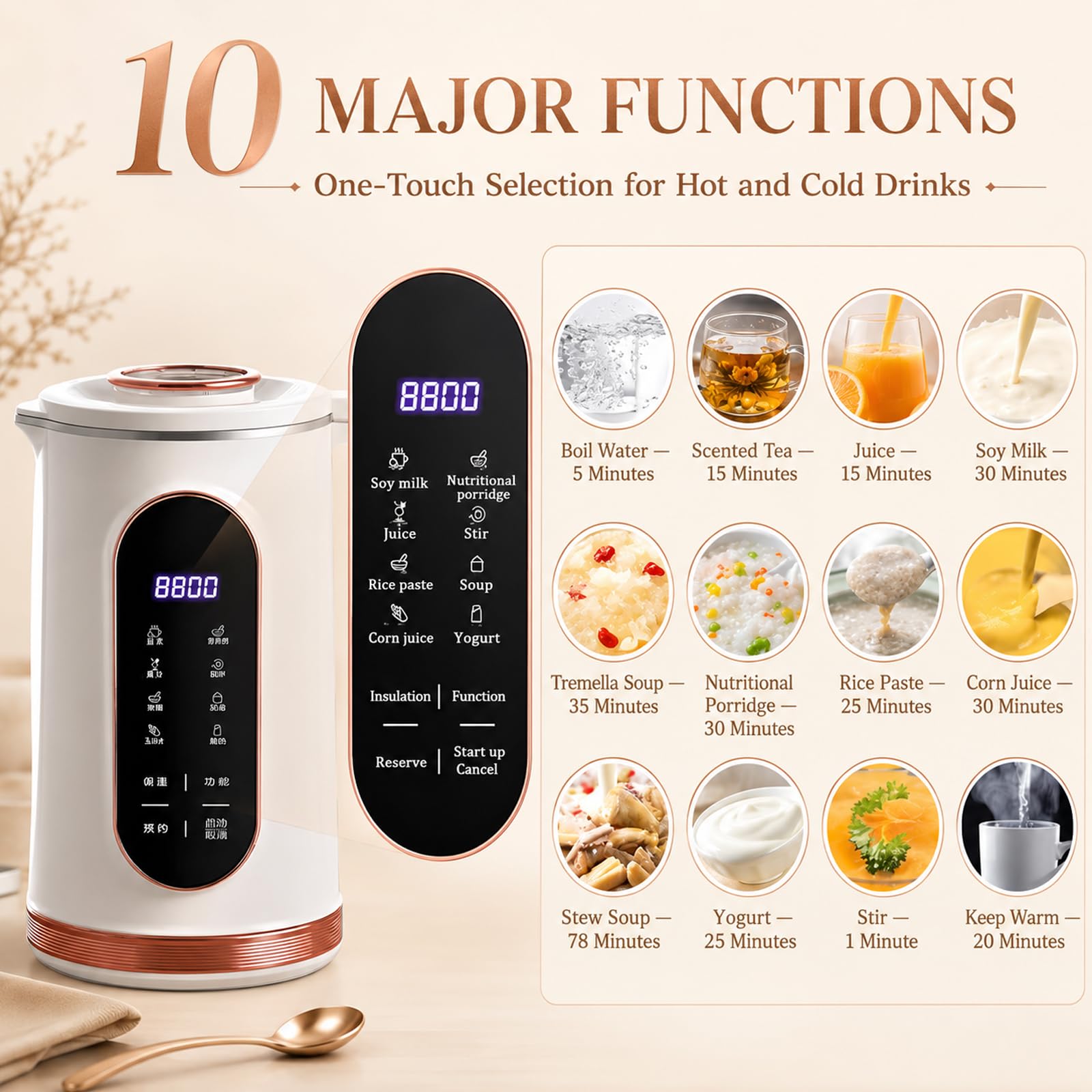 Macchina per Latte di Soia 1,5 L, Modello Automatico con Timer 12 Ore | Calore per 4 Ore, Display Intelligente, 10 Lame in Acciaio Inox e Autopulizia per Latte di Soia, Mandorla e Vegetale