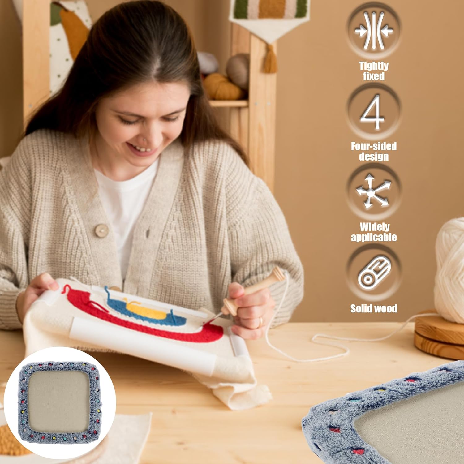 Rug Hooking Frame, Punch Needle Frame, Gripper Strip Frame, Tufting Frame Rug Tufting Frame with Needles for Rug Punch Needle and Embroidery Craft (15.7 inch)