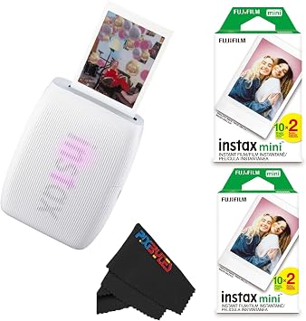 Fujifilm Instax Mini Link 3 Smartphone Printer with Instax Mini Films and Pixibytes Microfiber Cleaning Cloth (2 x Twin Pack (40 Sheets), Clay White)