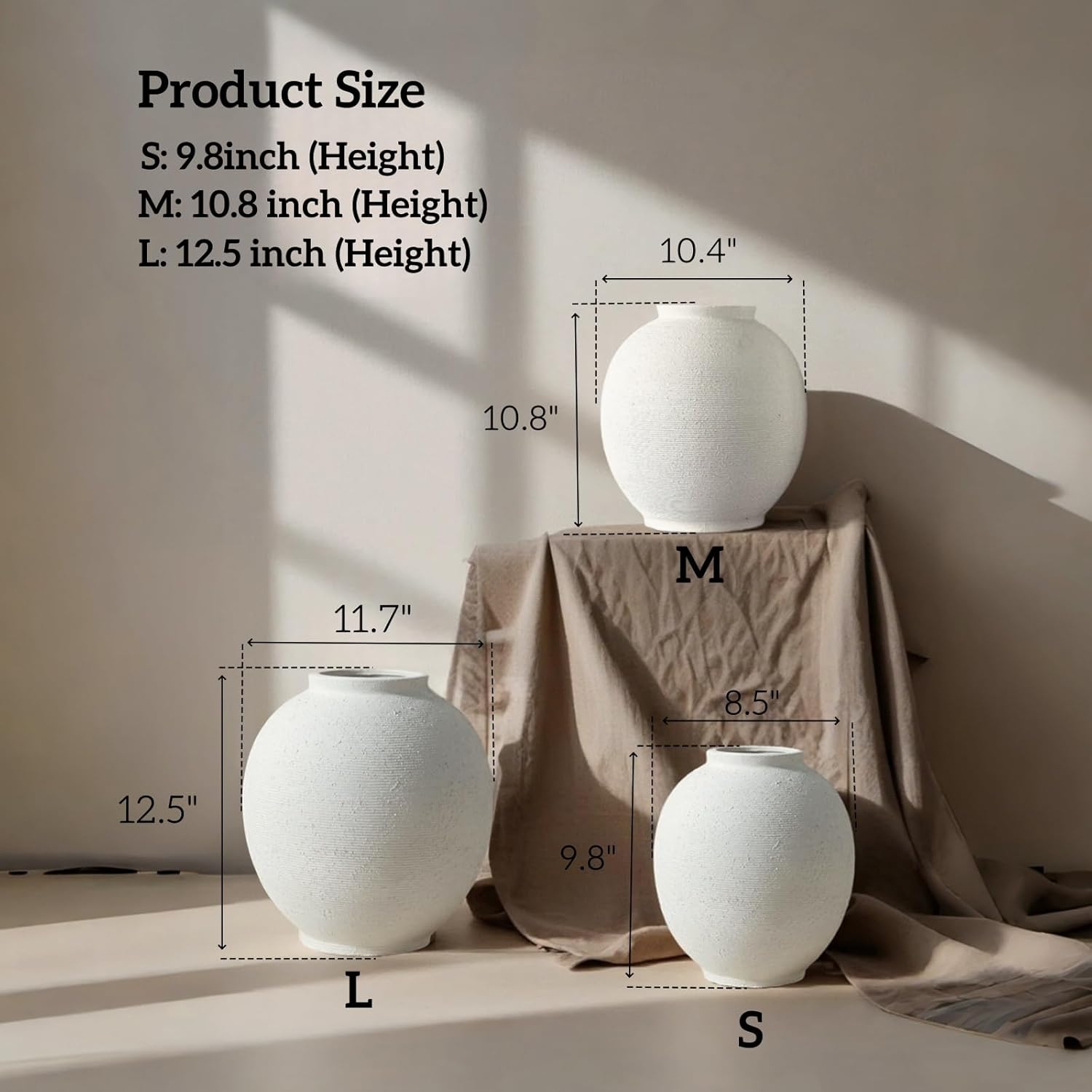 Large White Ceramic Vase Home Decor, Round Rustic Table Vases Farmhouse Living Room Entrway Kitchen Bedroom Decorations，Minimalist Hand-Made Textured Vase (10.8” Sandstone White)