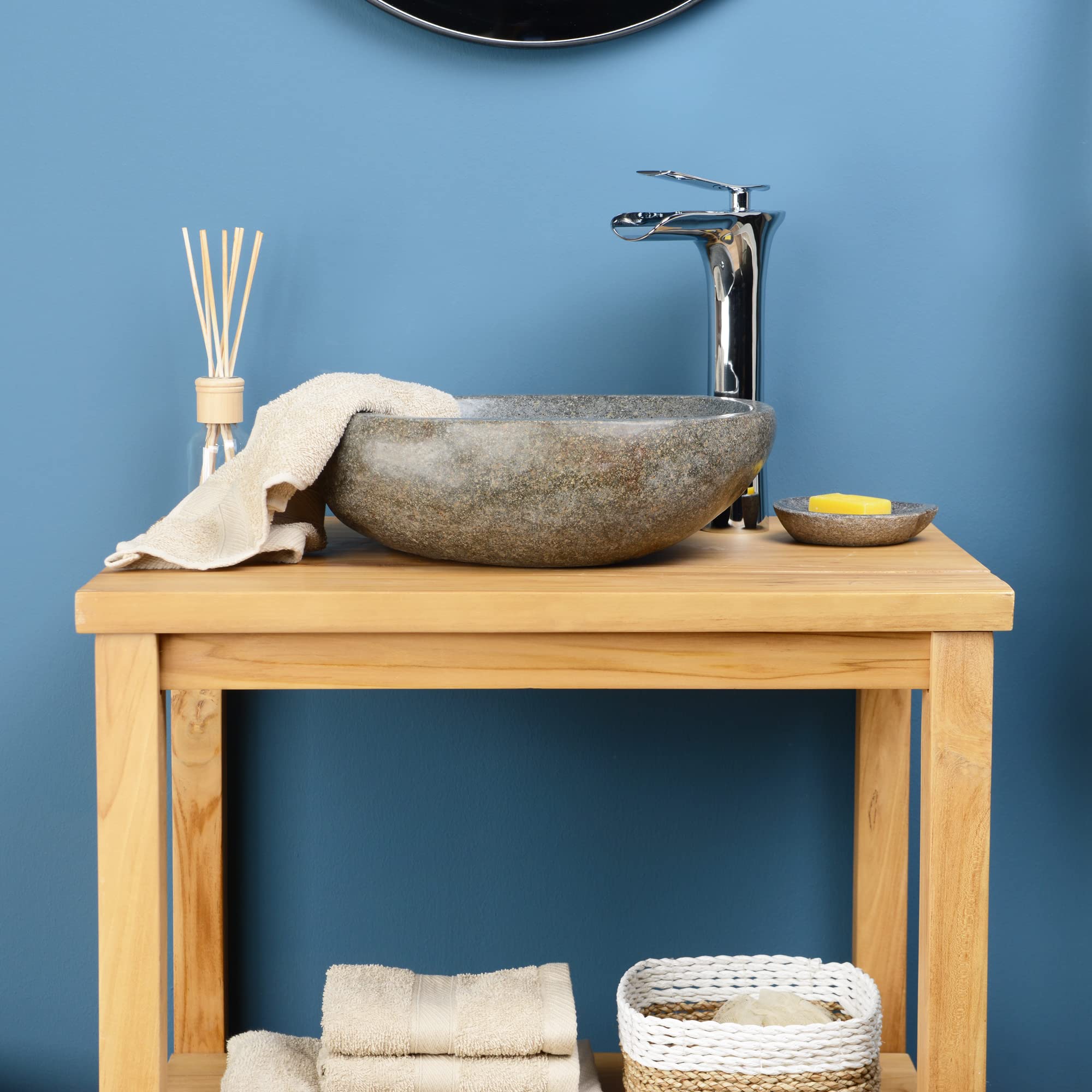 35 cm Lavabo in pietra naturale in pietra di fiume grigio ovale esternamente lucidato WOHNFREUDEN