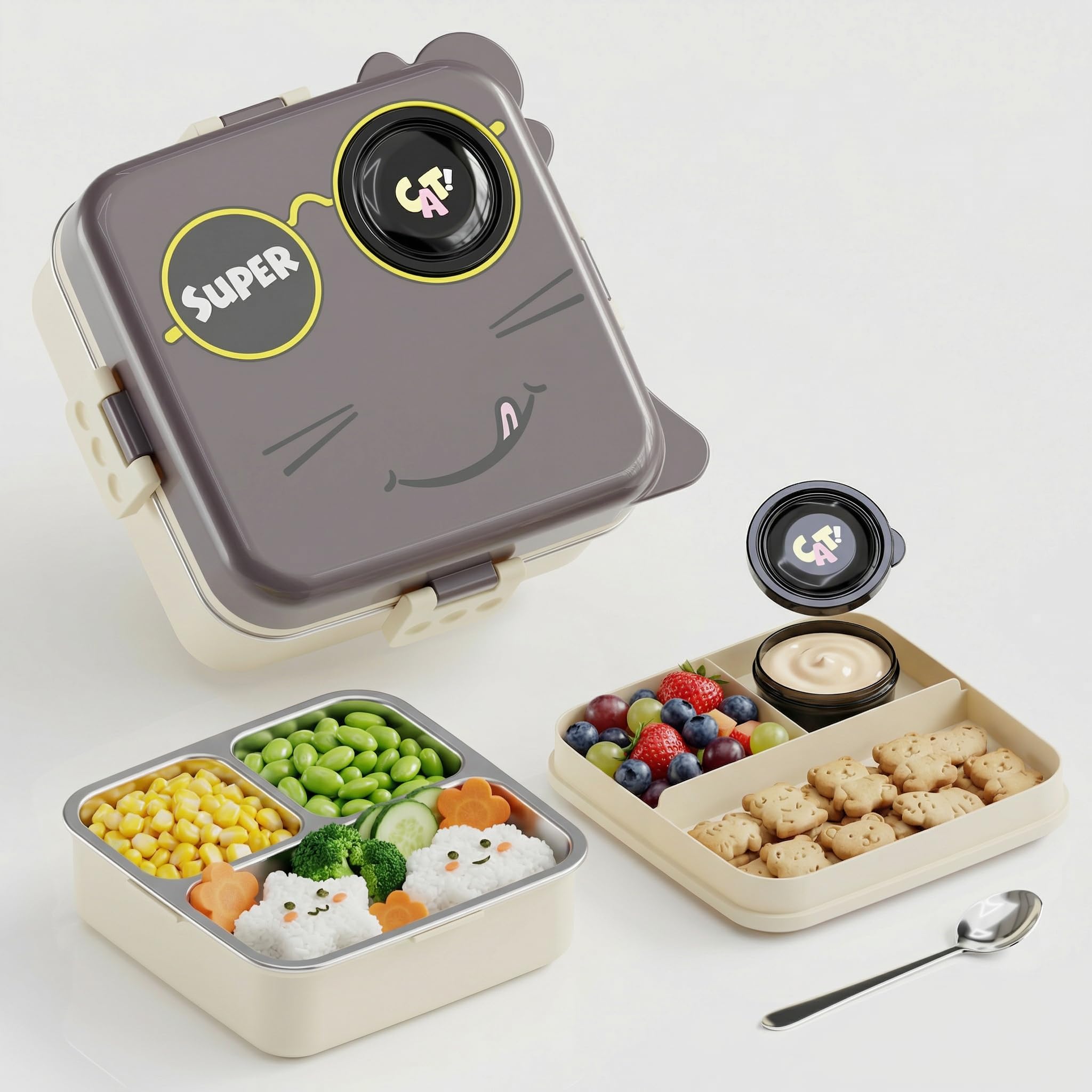 MEDALLIX Tiffin Box for School Office College, Insulated Stainless Steel Lunch Box, 3 Section Food Container, Leak Resistant Bento Box with Spoon, Durable Meal Carrier, 1120ml + 70ml (Grey, Super Cat)