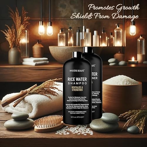 Miniatura 4 de Set de champú y acondicionador de agua de arroz, juego de cuidado del cabello ultra nutritivo, promueve el crecimiento, revitaliza el brillo y