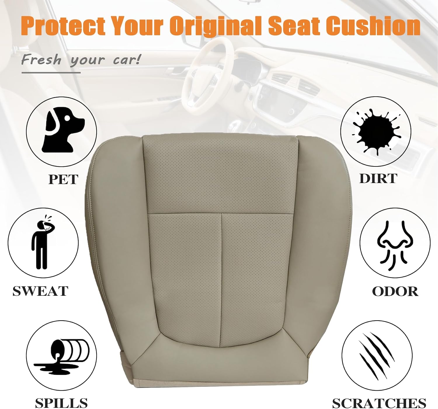 Leather Front Passenger Side Bottom Perforated Seat Cover Tan(#HA or EA or EW or HW) Compatible with Ford F150 2009 2010 2011 2012 2013 2014