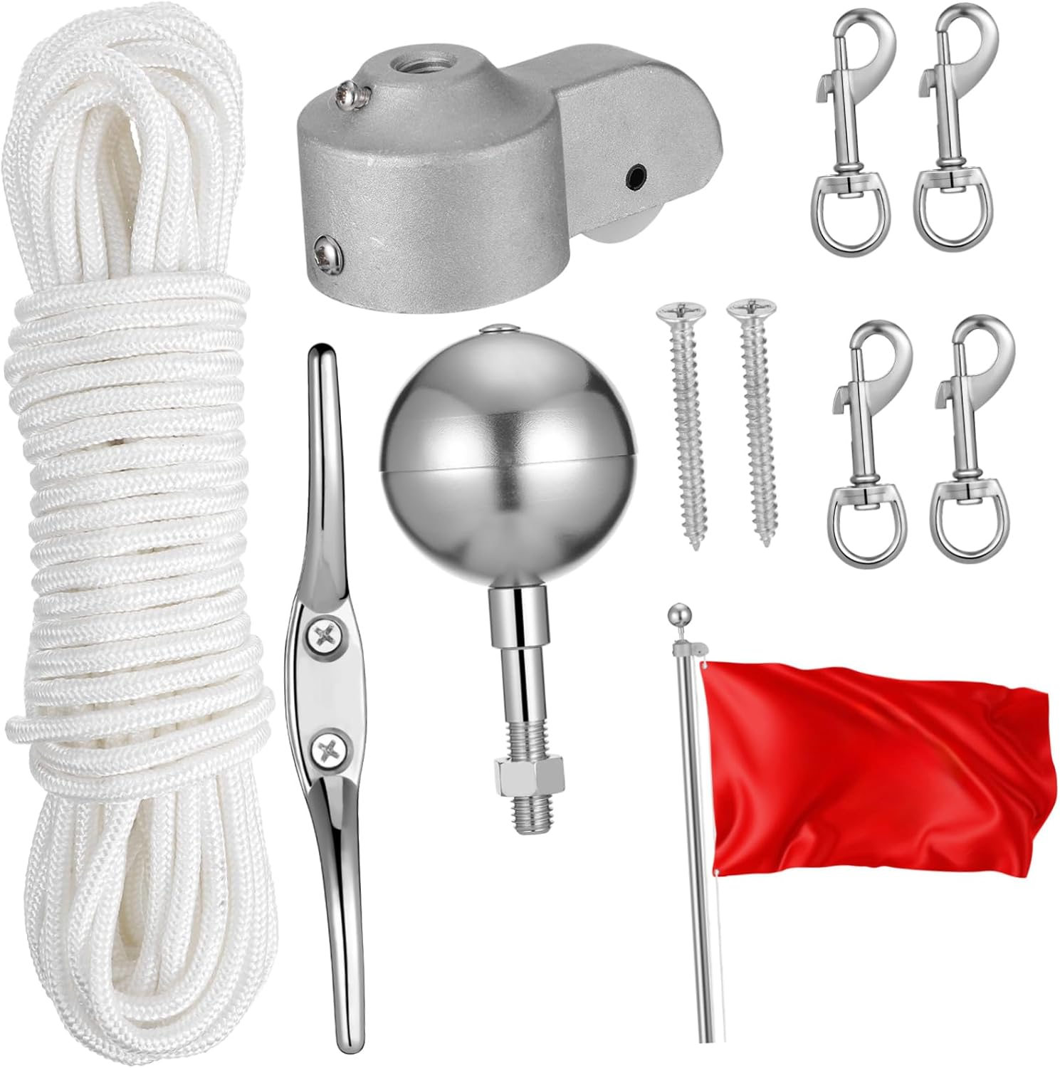 Kisangel 1 Set Flagpole Replacement Parts Kit Metal Hardware with Cleat Halyard and Topper for Outdoor Flagpole Maintenance and Repair