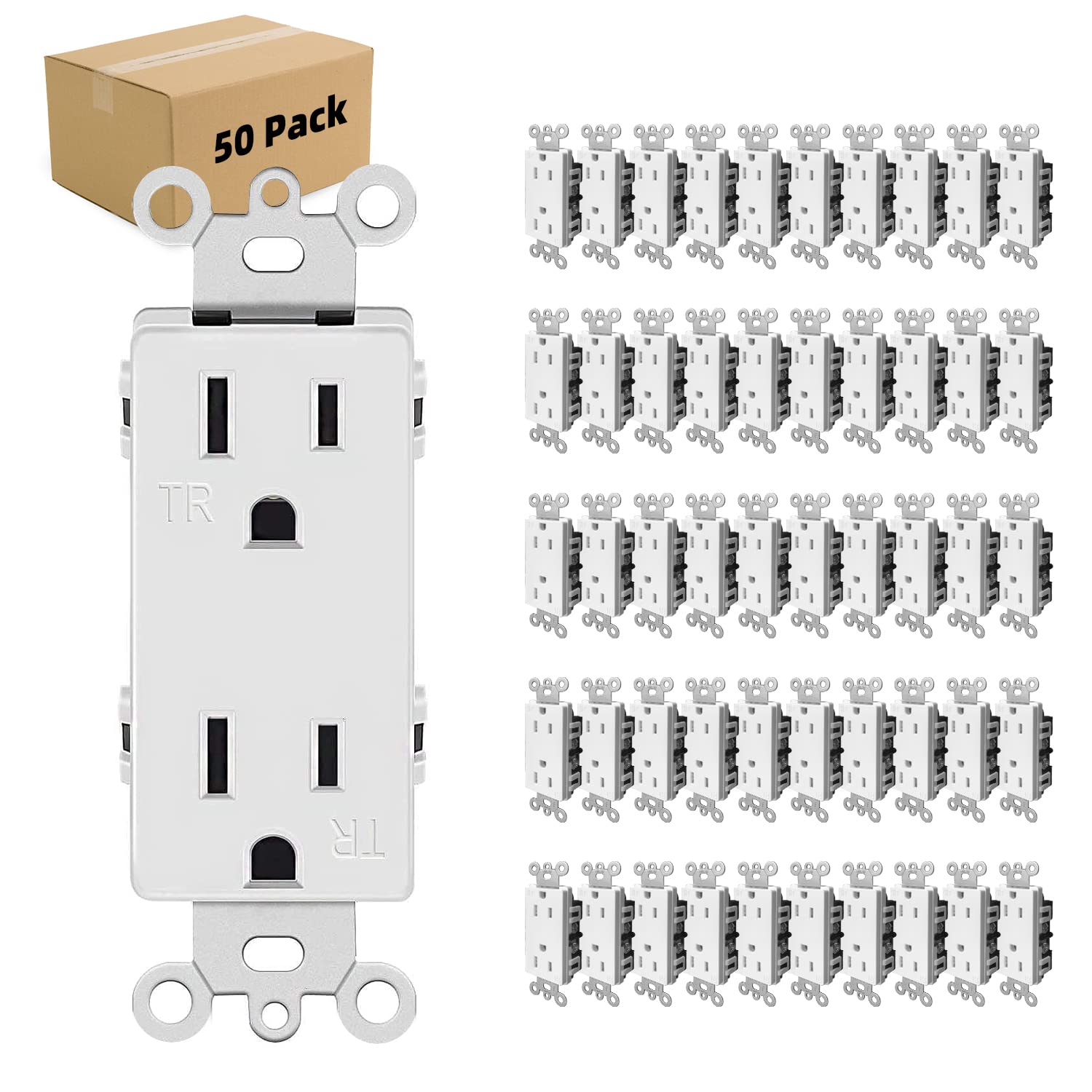 Micmi Decorator Receptacle Outlet, Standard Electrical Wall Tamper Resistant Decorative Receptacle, 15 Amp 125 Volt, Grounding UL Listed (50, White, 15 Amp Outlet)