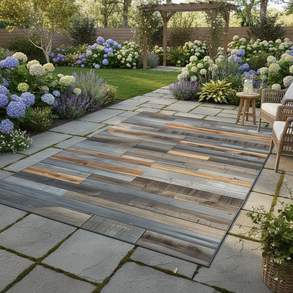 Gray Brown Old Wooden Outdoor Rug 3x5 Rustic Wood Grain Waterproof Outdoor Area Rug for Balcony Backyard Patio Deck Pool Modern Washable Stain Resistant Camping Picnic Outside Carpet Floor Mat