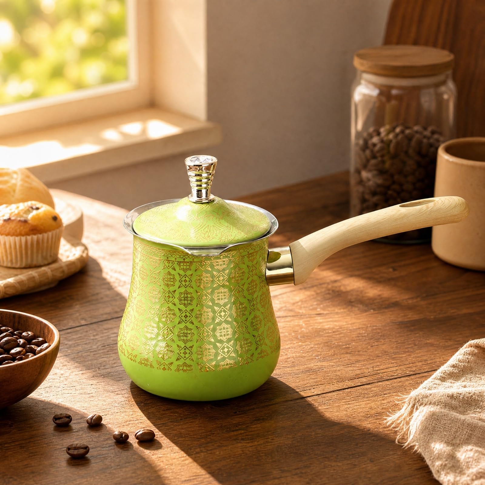 Cafière Turque Cvercle Qualité Alimentaire Turkish Coffee Pot Résistant à la Chaleur Pot à Café Cvercle pr Réchauffage du Lait, 550ML, Style B