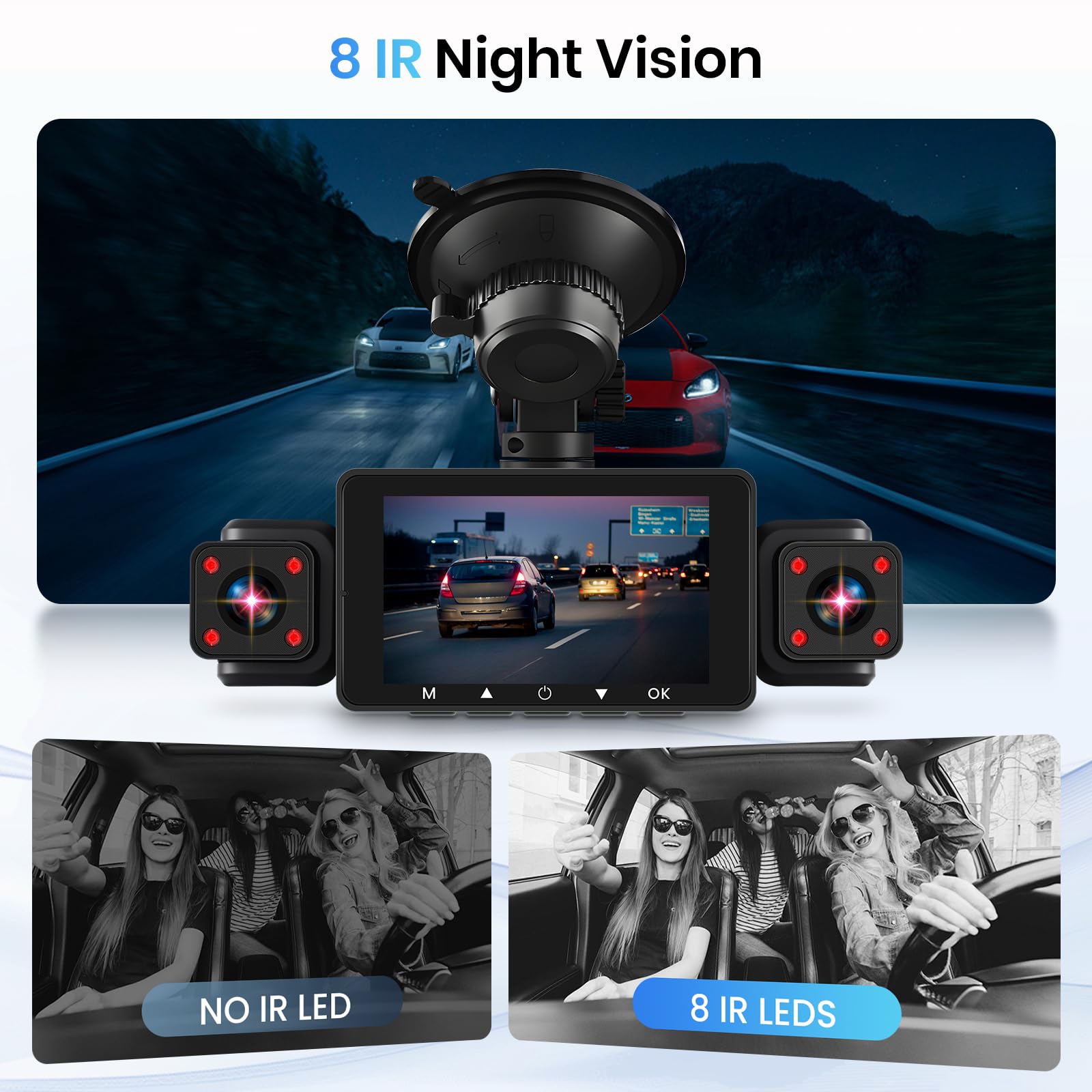 Hodozzy 1080P Dashcam Auto 360°, 4 Telecamere Anteriori e Posteriori, Visione Notturna IR, Schermo Tattile IPS 3", Registrazione in Ciclo, Sensore G, Visione Notturna, Assistenza alla Retromarcia