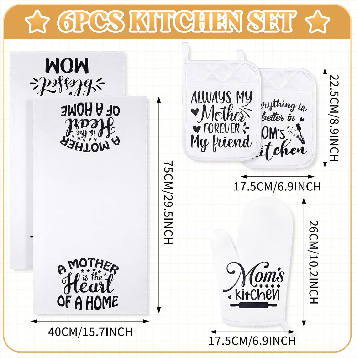 Shinymoon Mom Gift Kitchen Gifts from Daughter Son Include 2 Kitchen Towels, 1 Apron, 2 Oven Pads Pot Holder and Oven Mitt for Mom Mother's Day Birthday Housewarming Decoration
