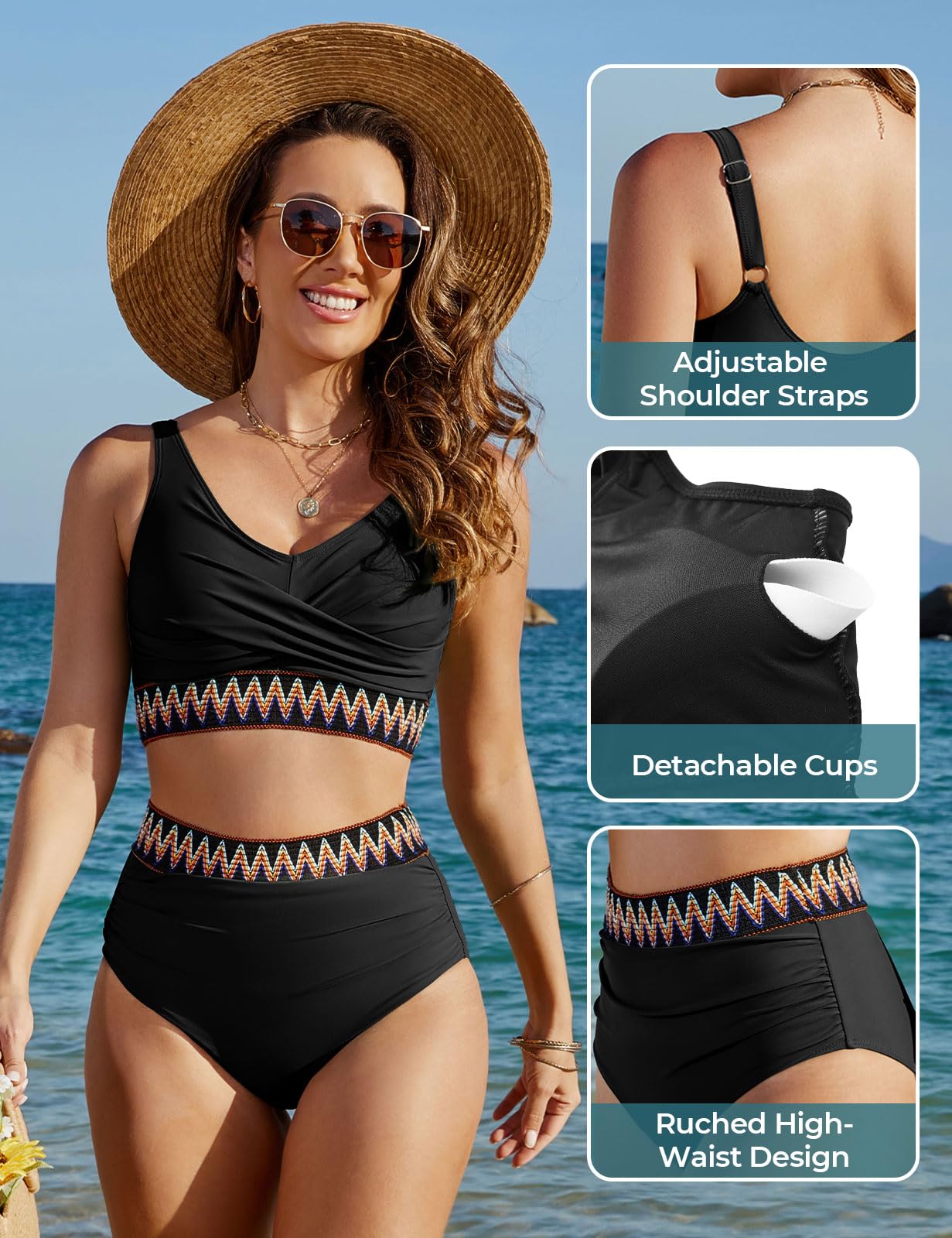 Bikini Damen Set Bauchweg Vintage High Waist Zweiteiliger Badeanzug Push Up Bademode mit Cups Sexy V Ausschnitt Retro Gestreift Hohe Taille Curvy Grosse Grössen