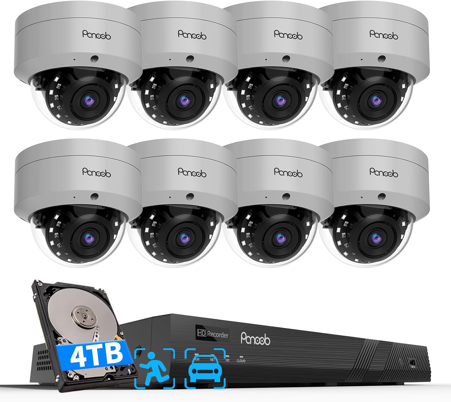 PANOOB 4K POE Security Camera System - 4x 8MP Turret Cameras & 8CH NVR With 2TB HDD