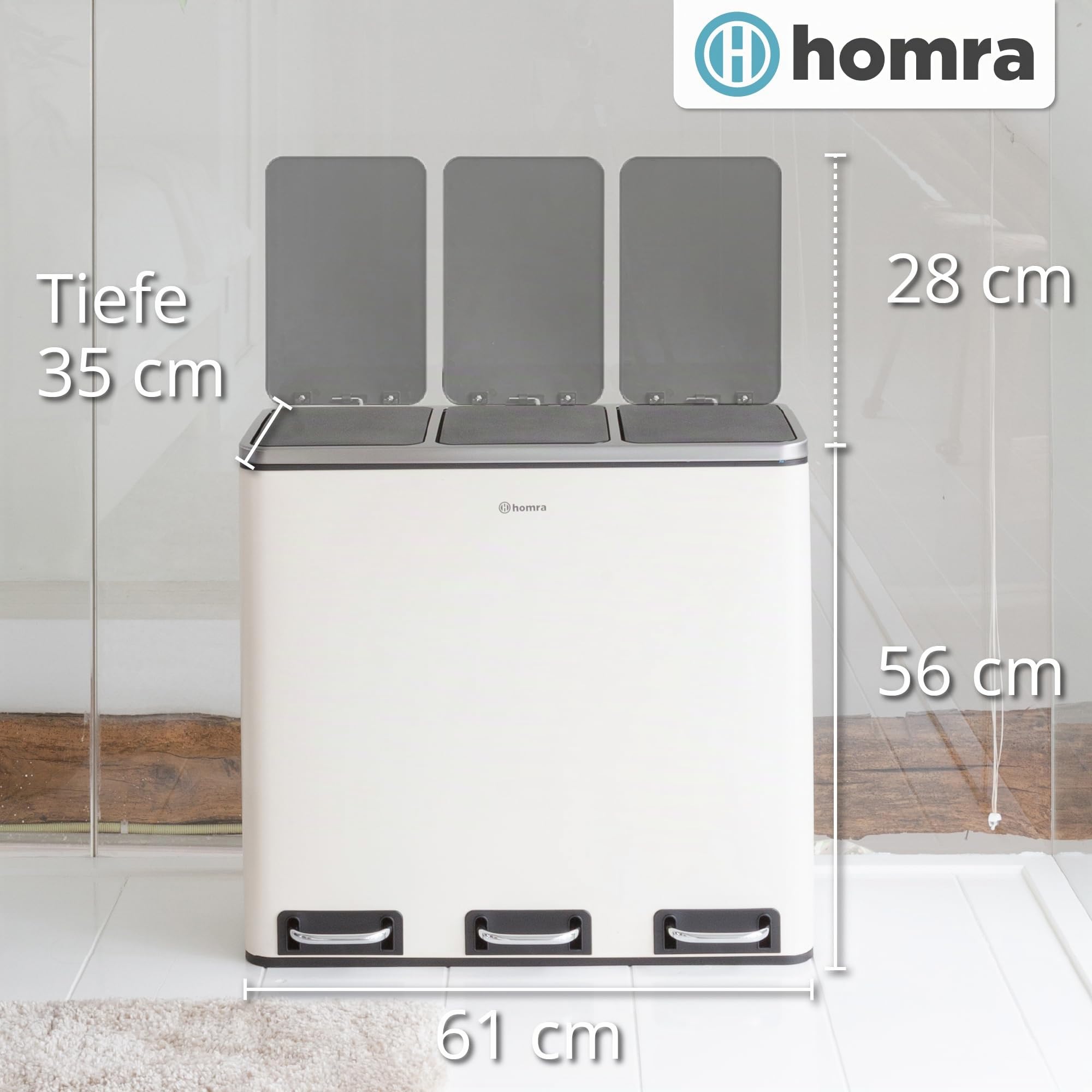 Homra Mülleimer Küche 3 Fächer Sparq 54l | Mülltrennsystem 3Fach | Edelstahl Treteimer 3x18 Liter | Trennsystem 3 Inneneimern | Abfall & Recycling | Abfalleimer Tretmülleimer Softclose | Cremeweiß