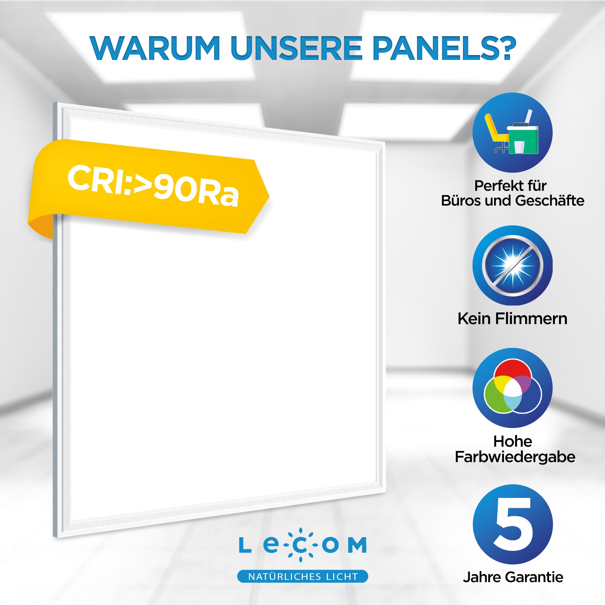 LECOM 6x LED Panel 62x62 Kaltweiß 6000K CRI90 Deckenleuchte für Rasterdecke | LED Panel Tageslicht mit hoher Farbtreue. Ideal für Fotostudio, Atelier, Labor, Werkstatt, Apotheke und Prüfraum.