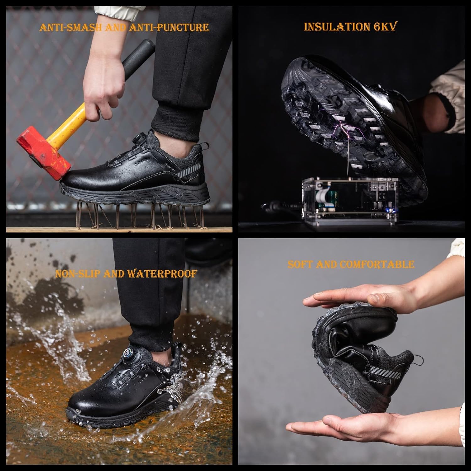 Micoklinlin Plastic Steel Toe Shoes for Men Lightweight Waterproof Safety Boots Insulated Shoes 6KV Reflective Strip Smash and Puncture Resistant Work Sneakers