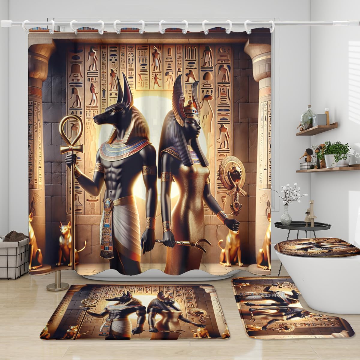 KuracleGH Fantasy Egypt God Anubis 4Pcs Shower Curtain Sets,Rustic Ancient Egyptian Mythical Symbol Hieroglyphics Anubis Bathroom Shower Curtain,