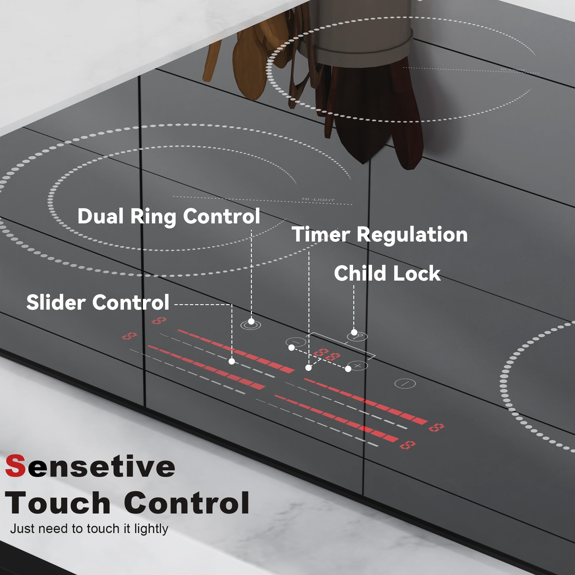 Karinear Piano Cottura Induzione 4 Fuochi, 60cm Piastra Induzione Elettrico 6600W, Piani Cottura con 9 Power Comandi Toccare e Scorrimento, Blocco di Sicurezza per Bambini, Timer Lock, Vetro, Nero