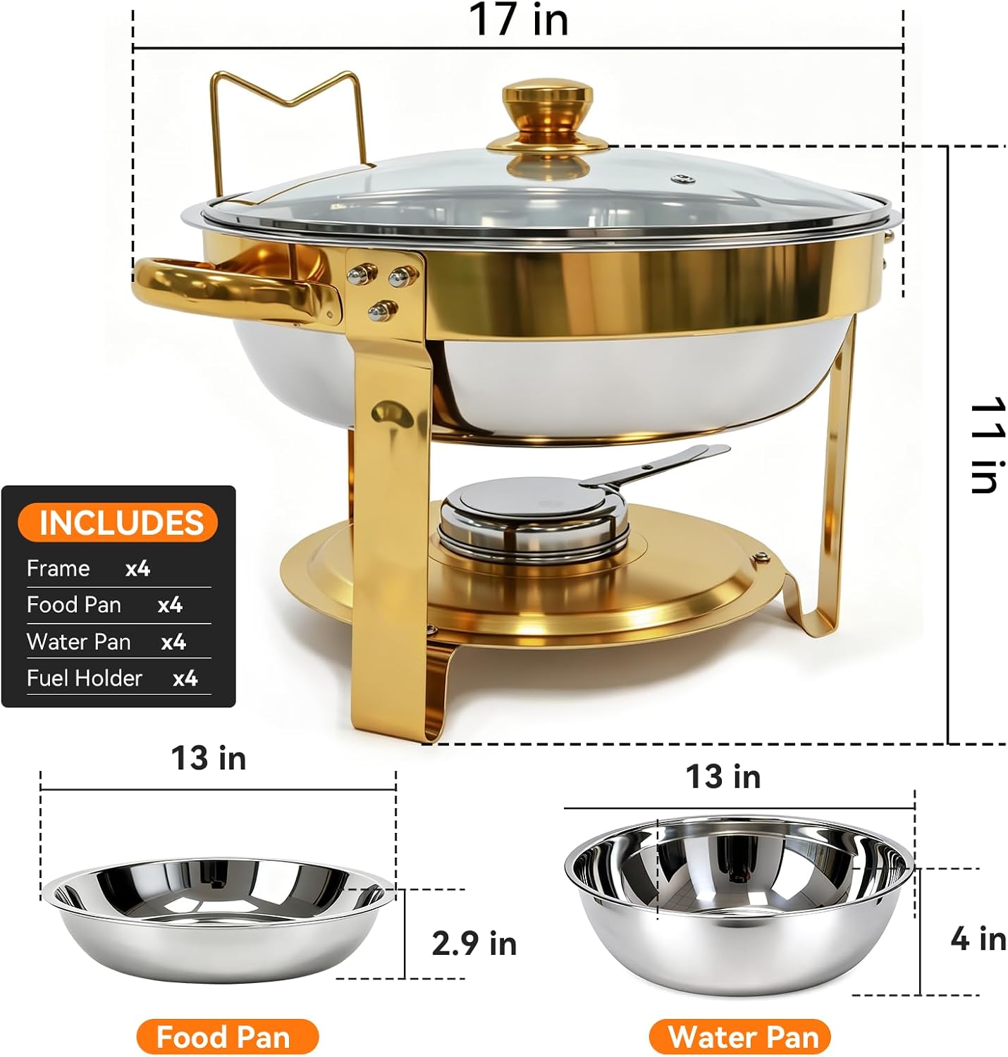 Round Chafing Dishes for Buffet 4 Pack (Gold with Glass Lid)