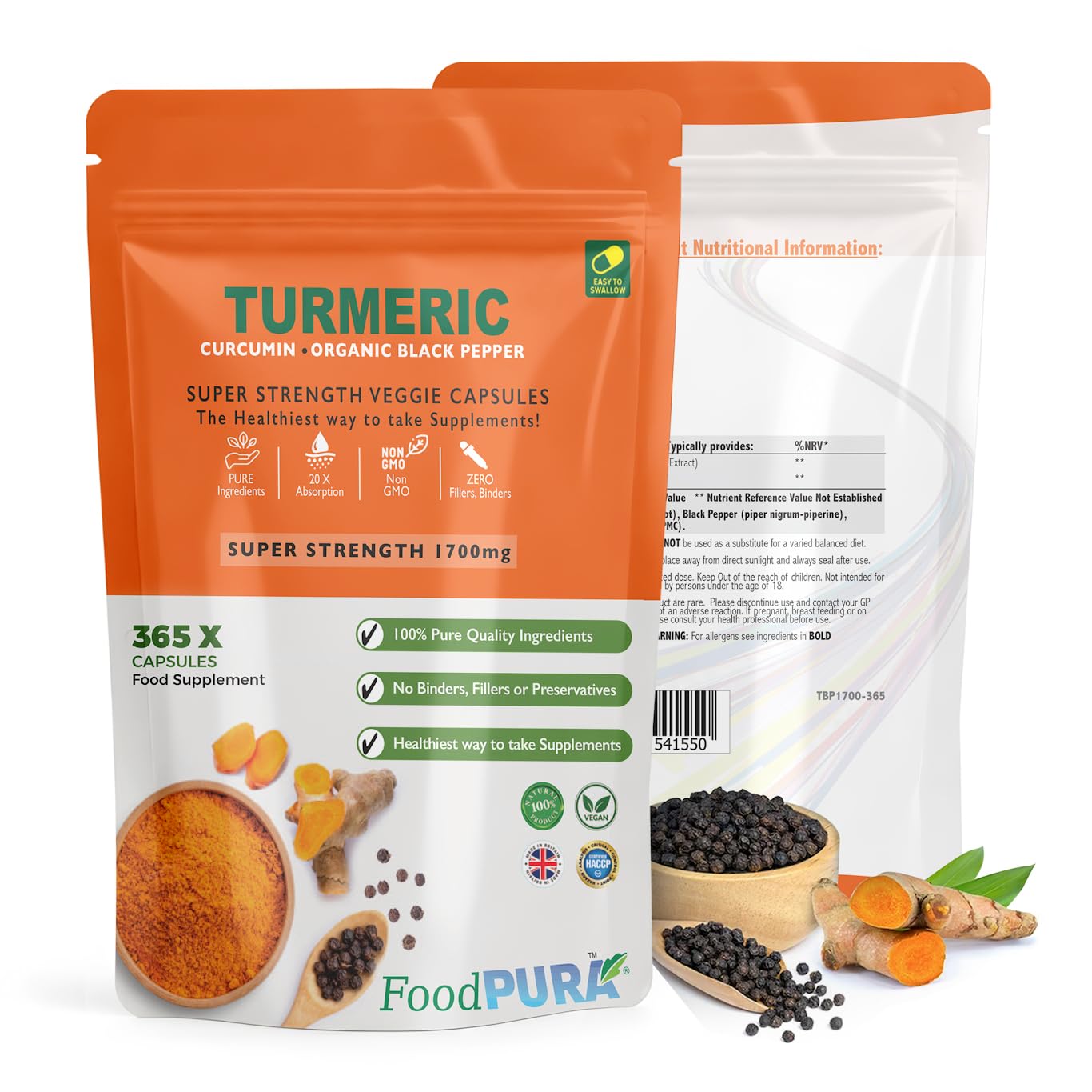 FoodPURA 365 x Turmeric with Black Pepper Capsules High Strength 1700mg HACCP Certified, Manufactured in The UK by FoodPURA 1 Pack of 365 Capsules … …