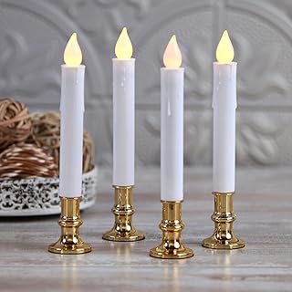 Best Flameless Taper Window Candles with Gold Removable Holders - Set of 4, Christmas Candlesticks, Automatic Timer, Remote Control, Batteries and Suction Cups Included Review 