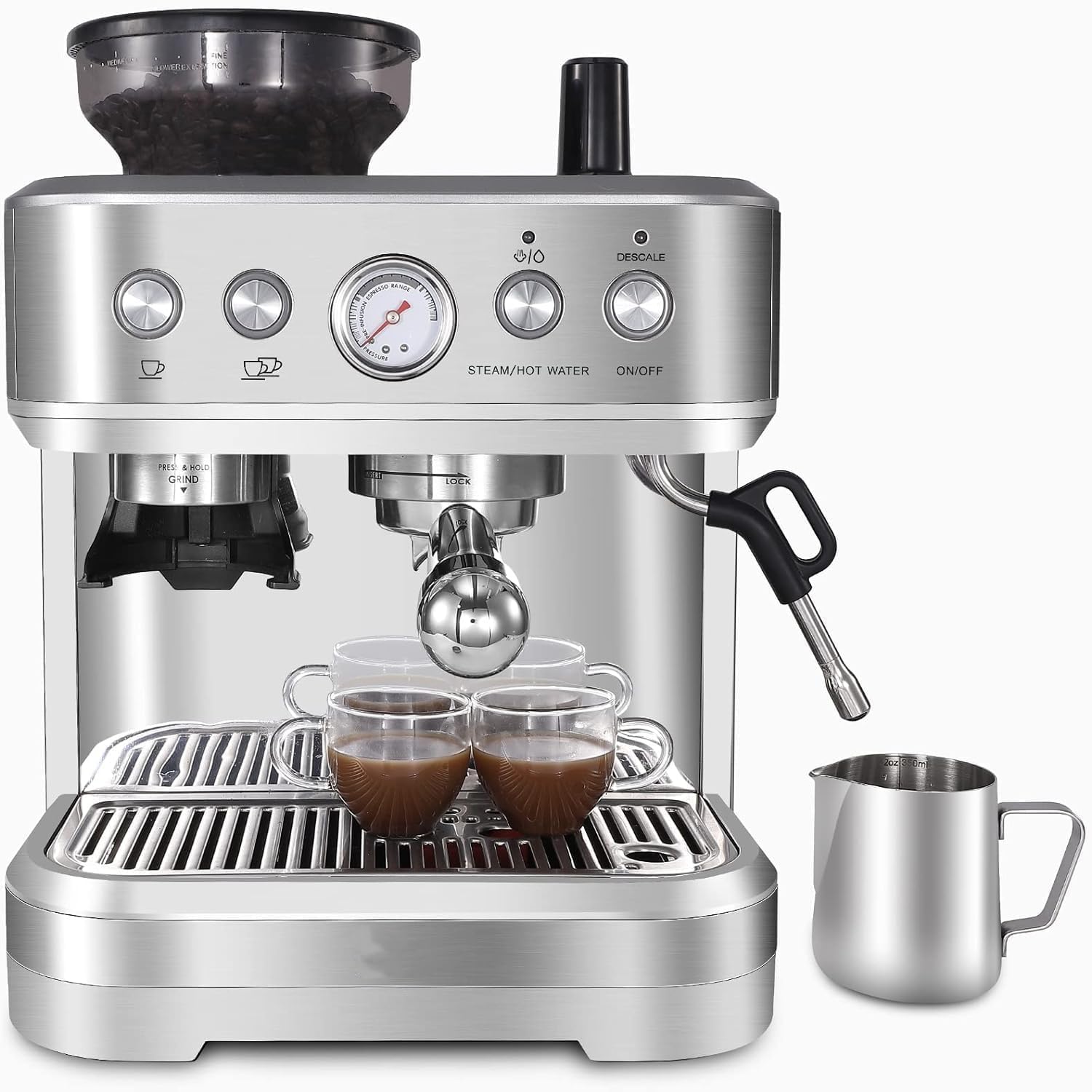 PortoAlegre Macchina per Caffè Espresso Professionale con Macinacaffè Integrato e Schiumatore Latte, 15 Bar, Serbatoio 2.3L, 1350W, Acciaio Inox - Ideale per Cappuccino e Caffè in Grani