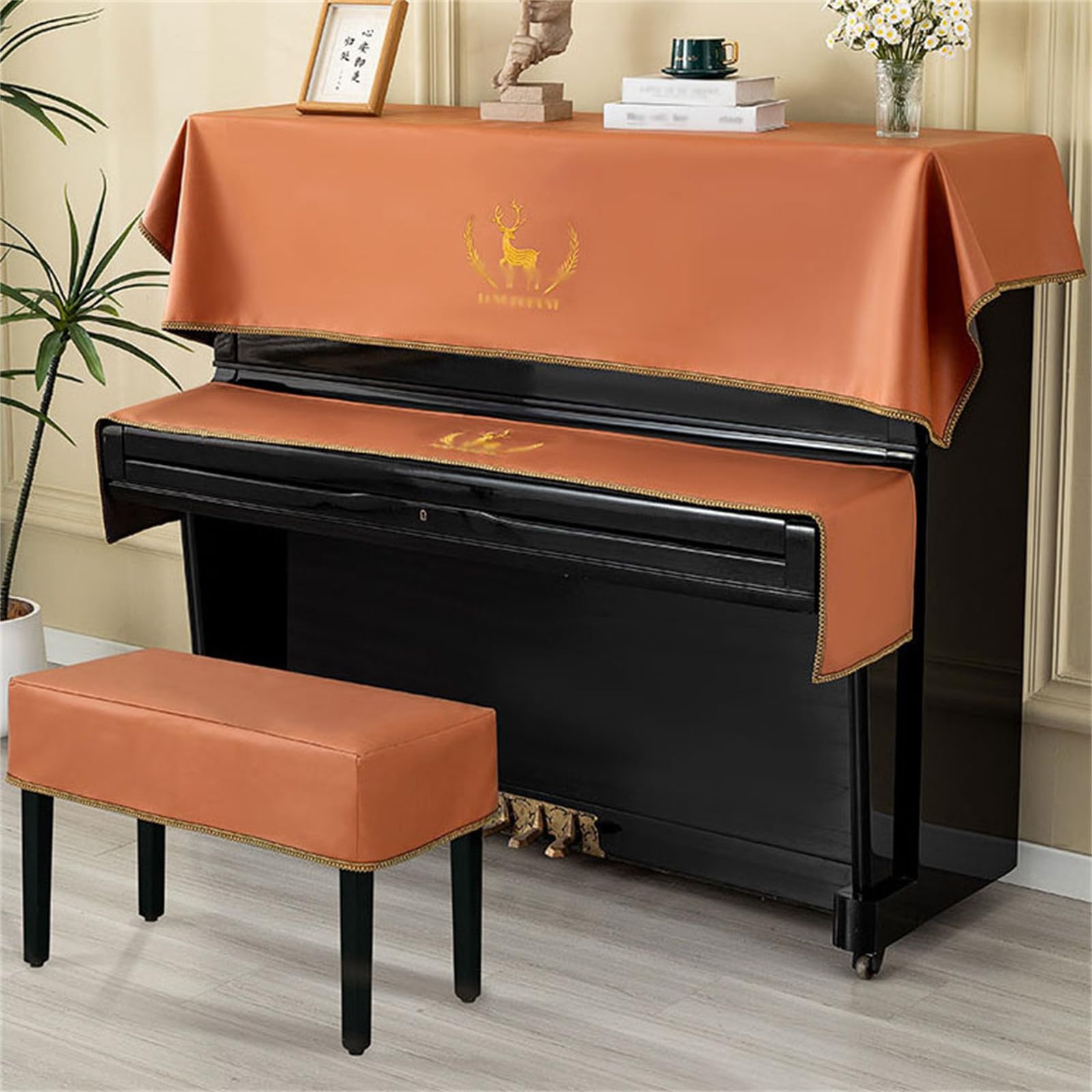 Copertura antipolvere in tessuto per tastiera del pianoforte, copertura protettiva universale per pianoforte verticale con ricamo di cervi, copertura protettiva universale per pianoforte verticale con
