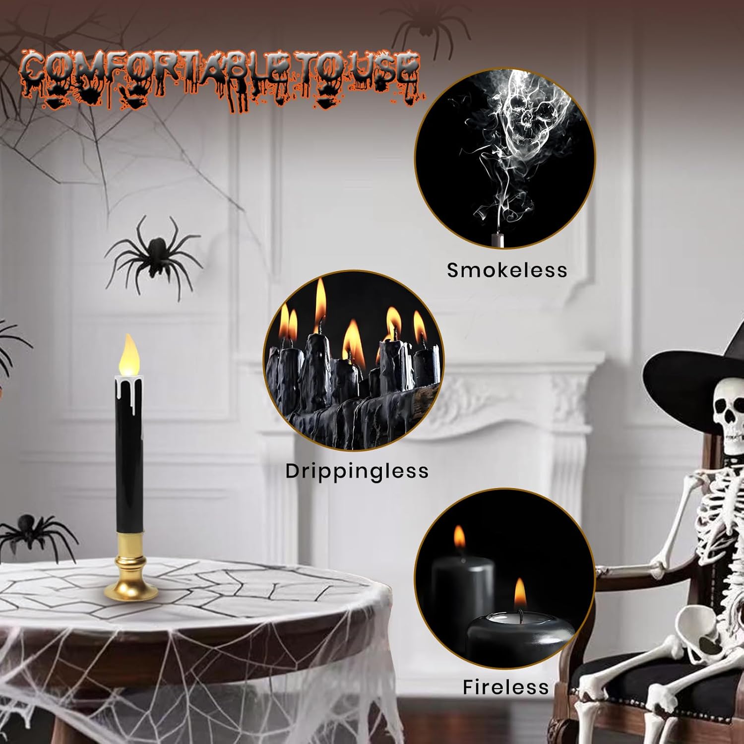 Black Gold Dripping Wax LED Window Candlestick – 9" Tall, 6-Pack Flameless Taper Candles with Timer, Battery Operated, Elegant Fall & Thanksgiving Décor for Table, Mantel & Window Displays