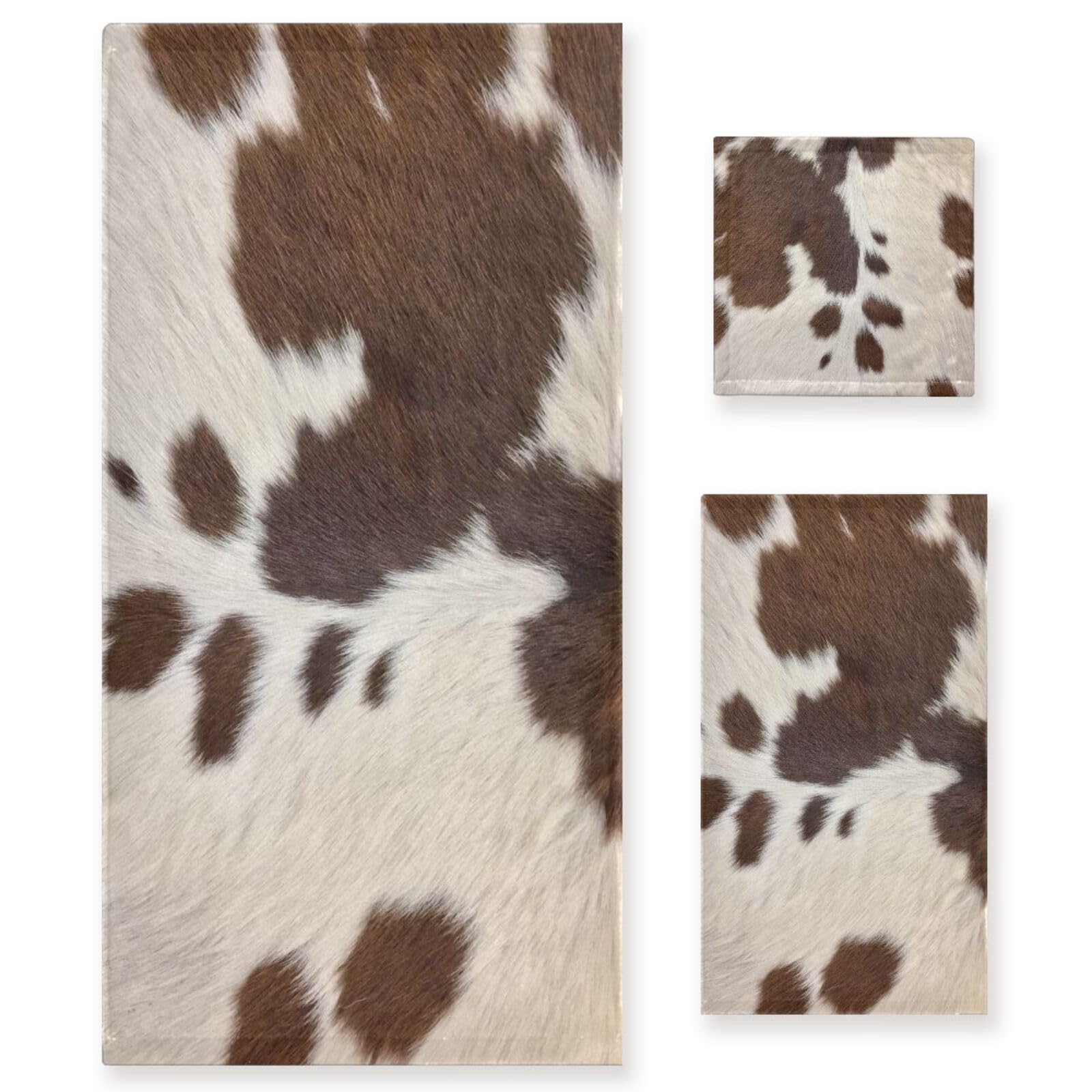 COVASA 3 Piece Cowhide Print Bath Towel Set,Microfiber Decorative Brown Beige Cow Print Western Farmhouse Animal Bathroom Towels,1 Bath Towel 1 Hand