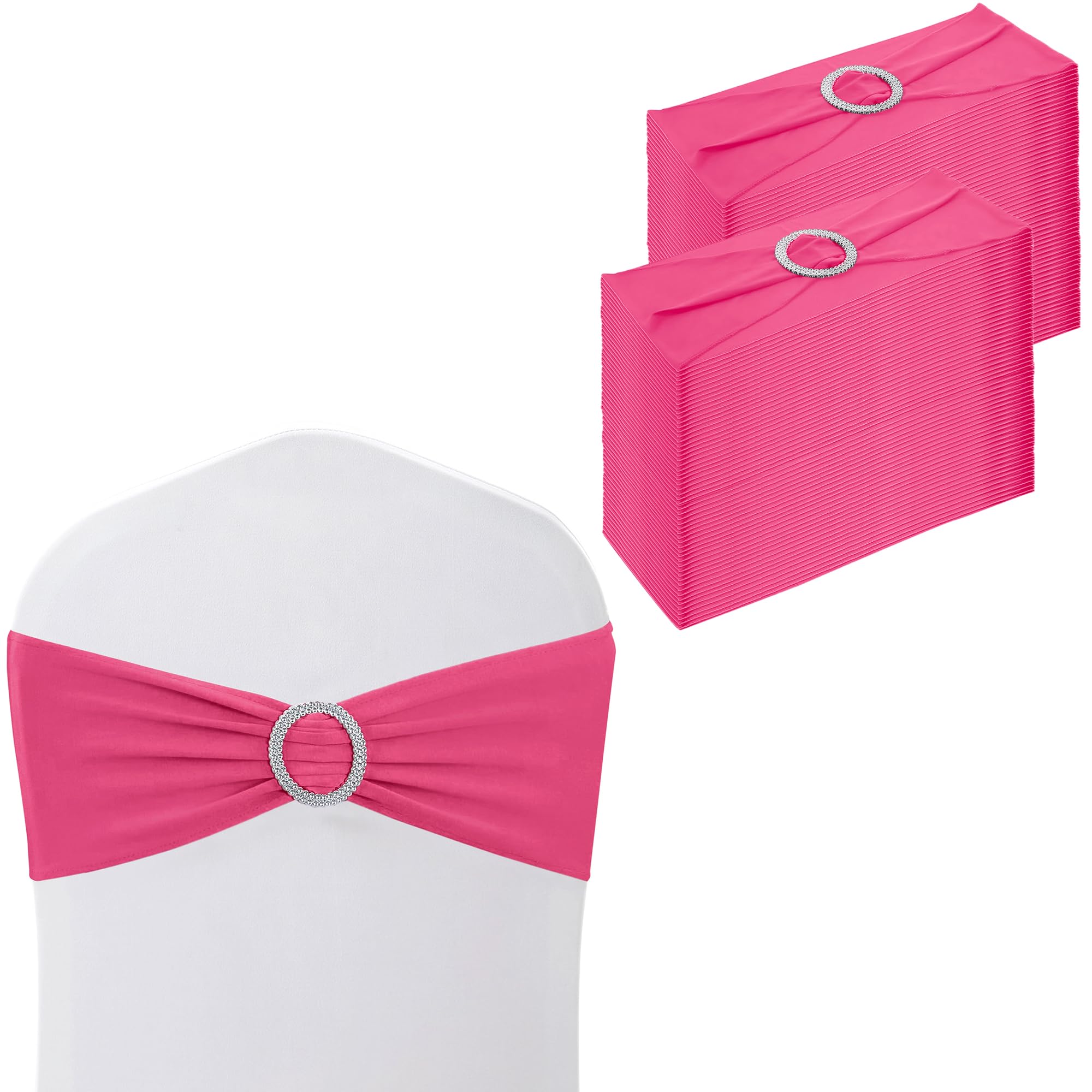 WedDecor Stretch Chair Bands Plain Spandex Band with Slider Buckle for Wedding Party Chair Decoration, Events Supplies, Formal Meeting, Hot Pink, 13 x 6 Inches, 100pcs
