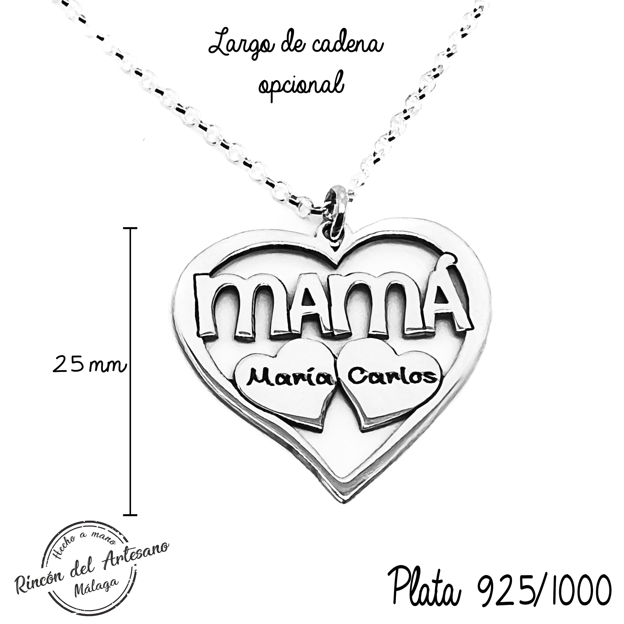 Collar Corazón para Mujer Personalizado con Nombres-Fabricado es Plata 925/1000-Regalo para Madre y Abuelas-Rincon del Artesano Malaga. Medida 25mm.