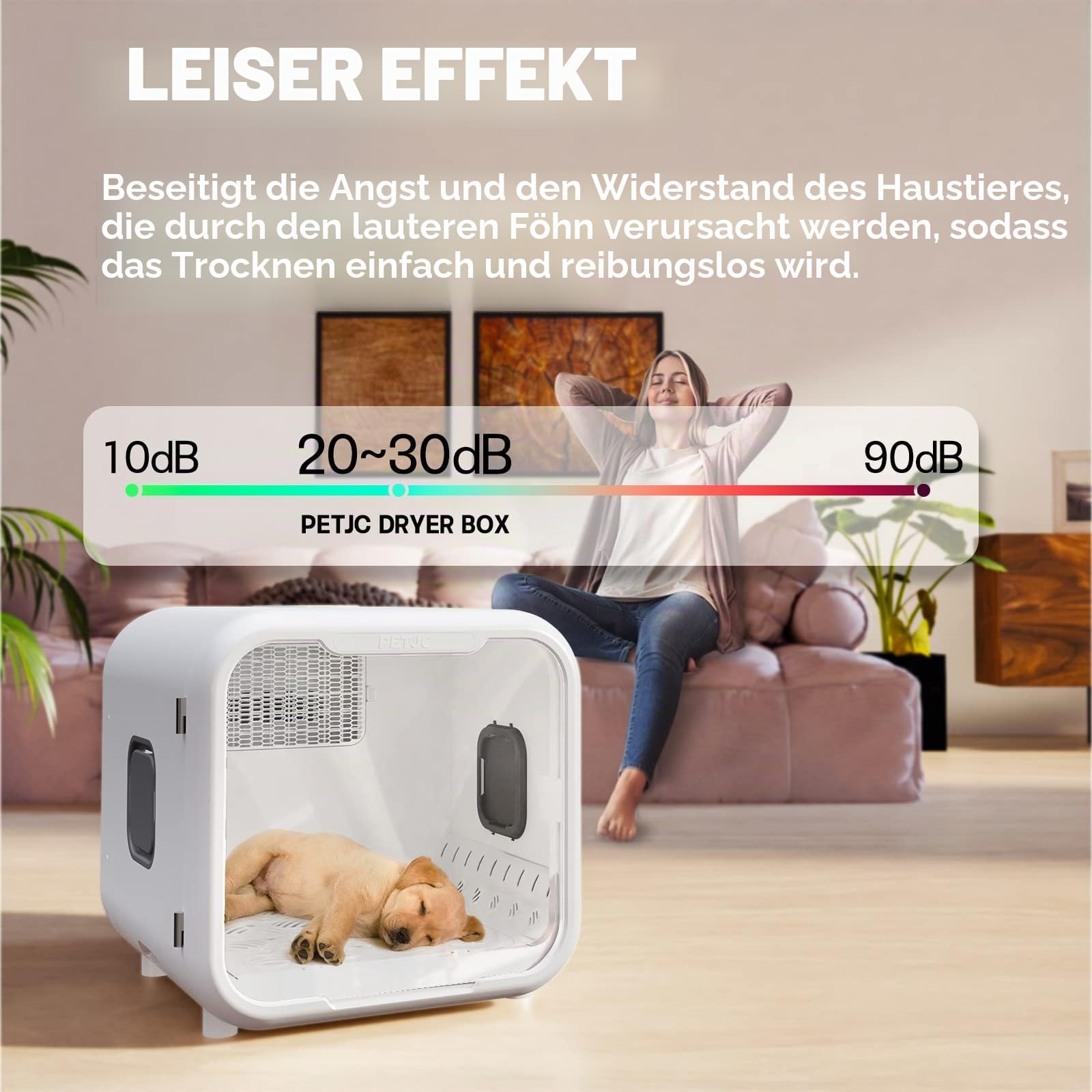 PETJC Automatischer Haustiertrockner für Katzen und kleine Hunde,Ultraleiser Hundefön für Hundepflege mit 360°-Trocknung,Hundefön 71L Kapazität mit intelligenter Temperaturregelung